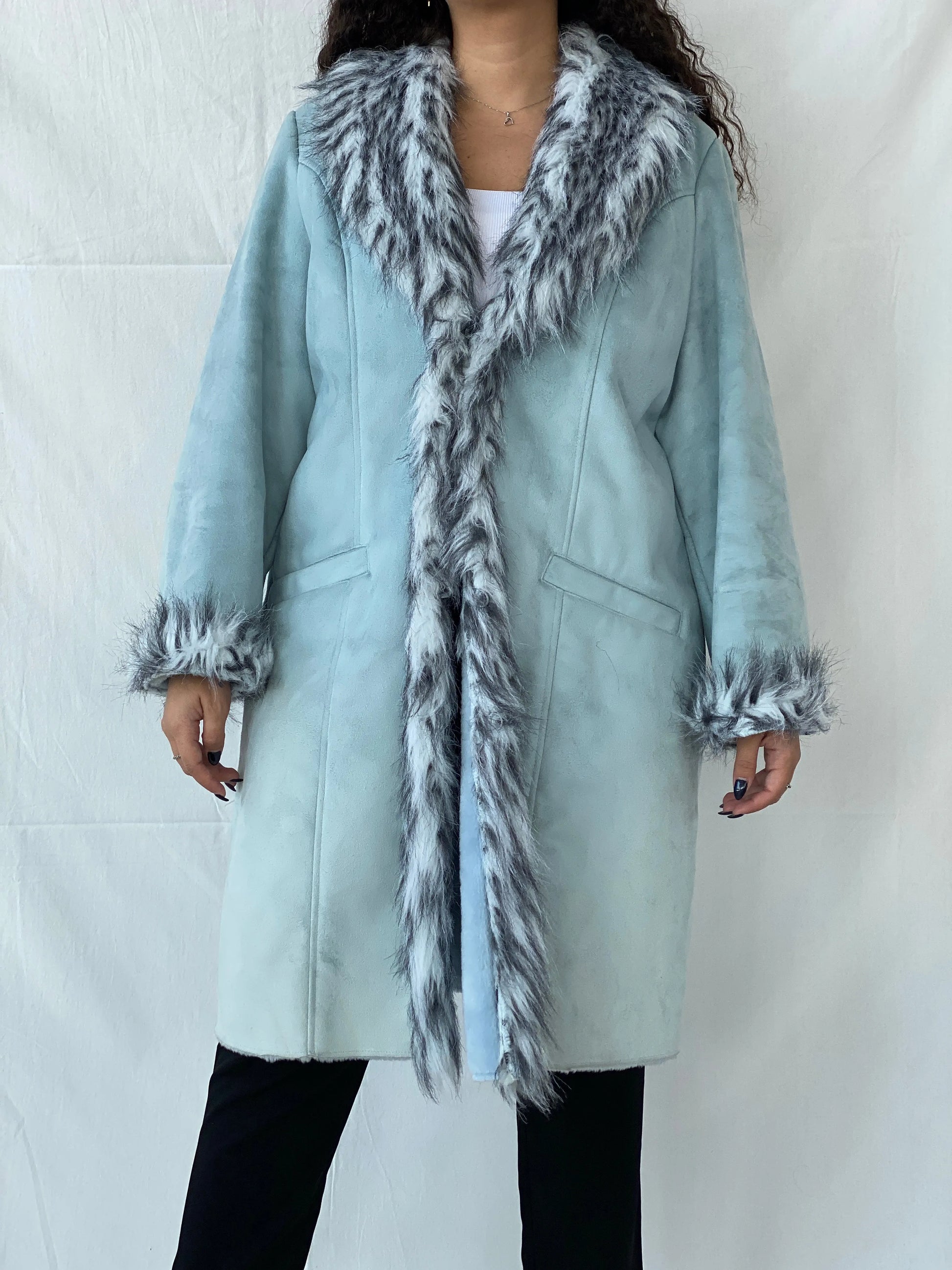Y2K Blue Faux Fur Afghan Coat - 2XL - Balagan Vintage Coat 00s, Coats&Jackets, Dina, floral, vintage coat, Women's Coats