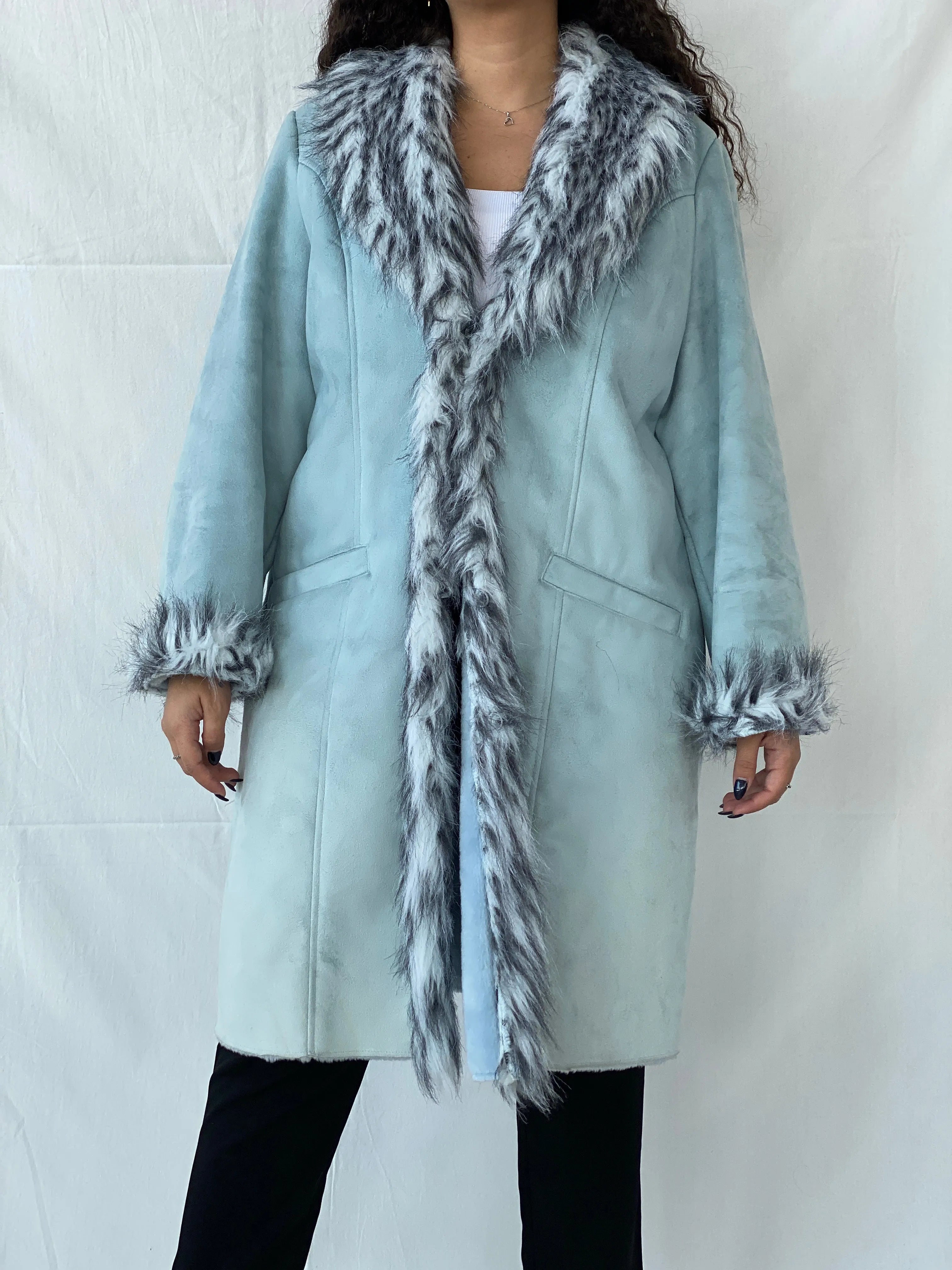 Y2K Blue Faux Fur Afghan Coat - 2XL - Balagan Vintage Coat 00s, Coats&Jackets, Dina, floral, vintage coat, Women's Coats