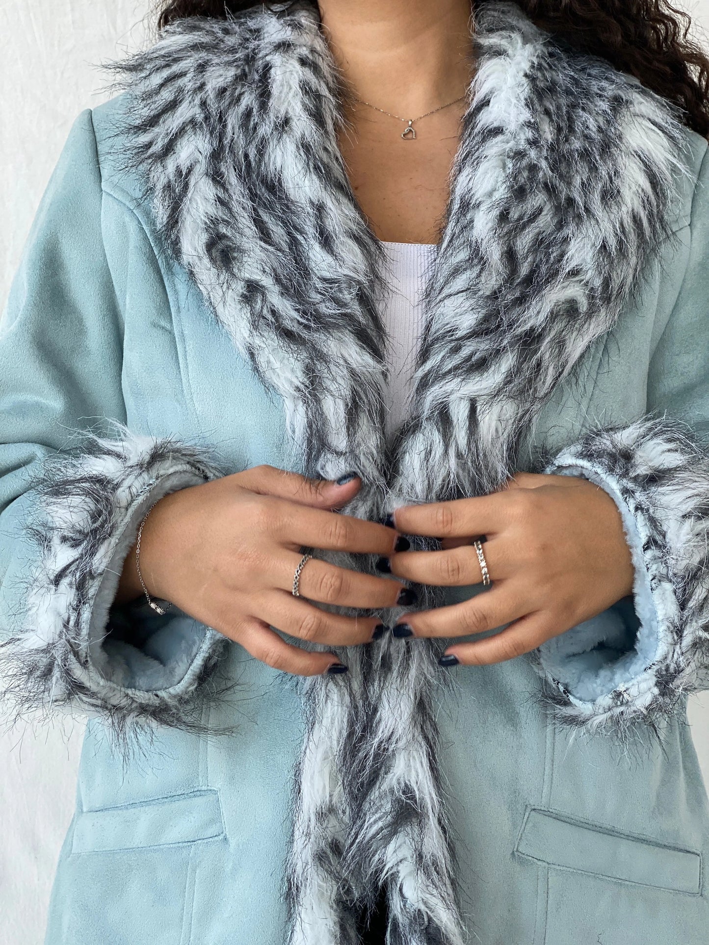 Y2K Blue Faux Fur Afghan Coat - 2XL - Balagan Vintage Coat 00s, Coats&Jackets, Dina, floral, vintage coat, Women's Coats