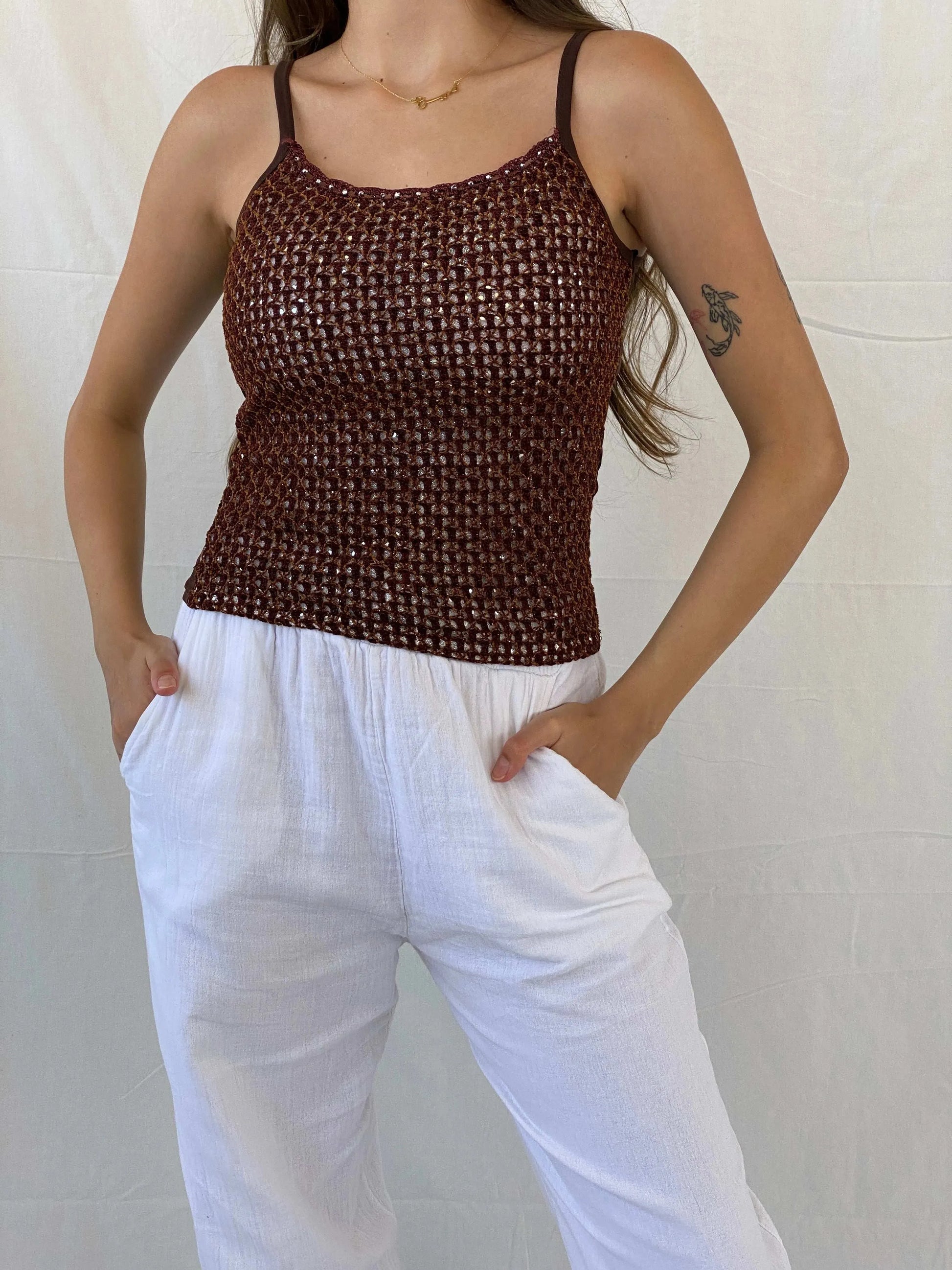 Y2K Brown Cami Top With Shimmery Knitted Crochet Detailing - M - Balagan Vintage Cami 00s, Cami, Mira, women top
