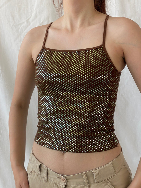 Y2K Brown Copper Glittery Cropped Cami Top - S - Balagan Vintage Sleeveless Top 00s, Ayah, Cami, shimmer, summer, women top