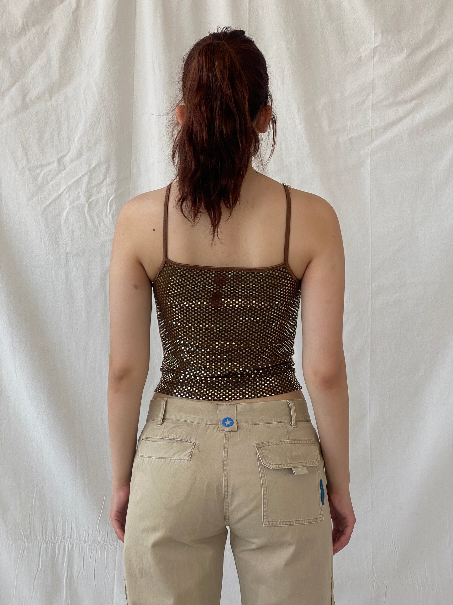 Y2K Brown Copper Glittery Cropped Cami Top - S - Balagan Vintage Sleeveless Top 00s, Ayah, Cami, shimmer, summer, women top
