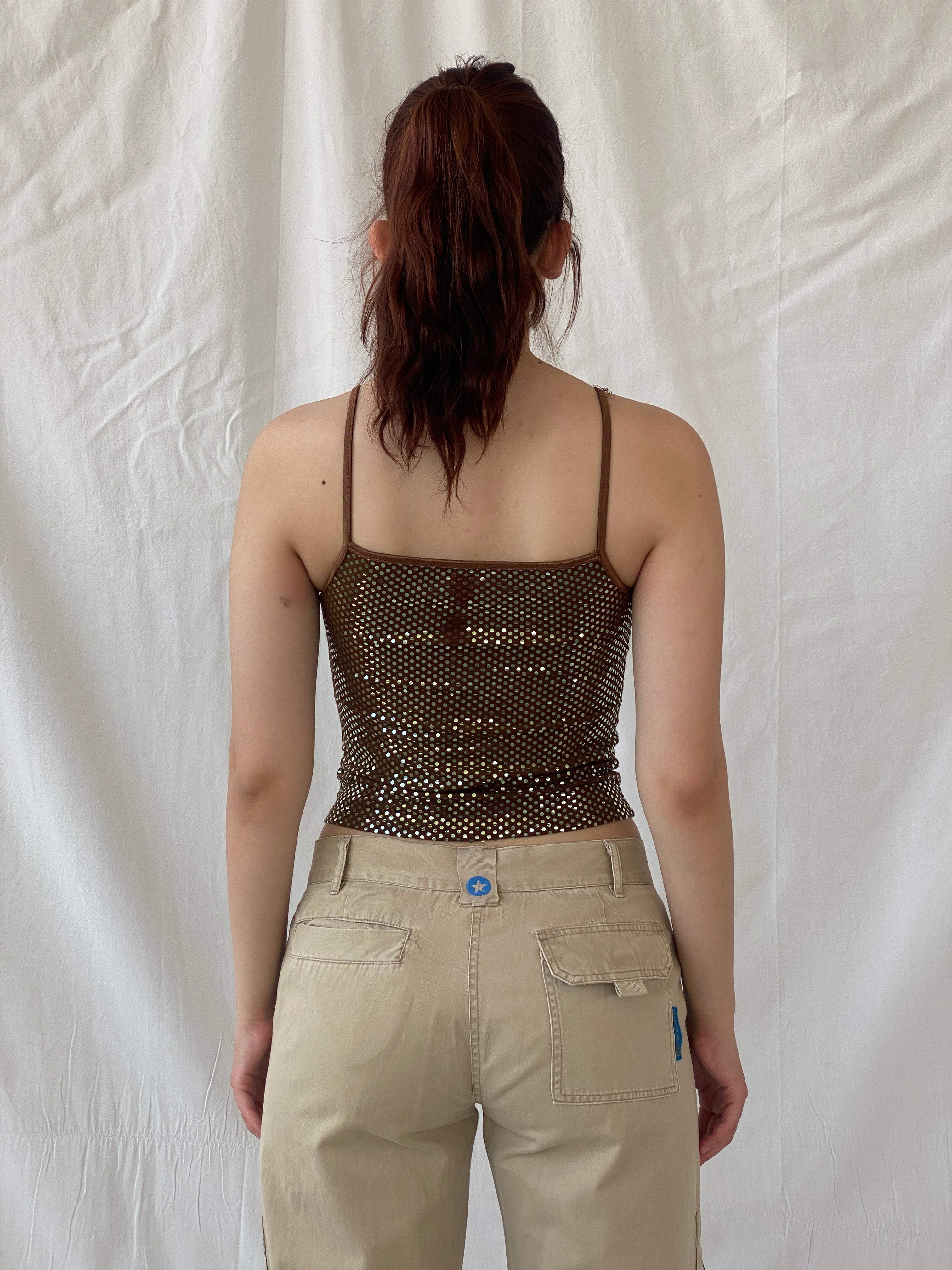 Y2K Brown Copper Glittery Cropped Cami Top - S - Balagan Vintage Sleeveless Top 00s, Ayah, Cami, shimmer, summer, women top