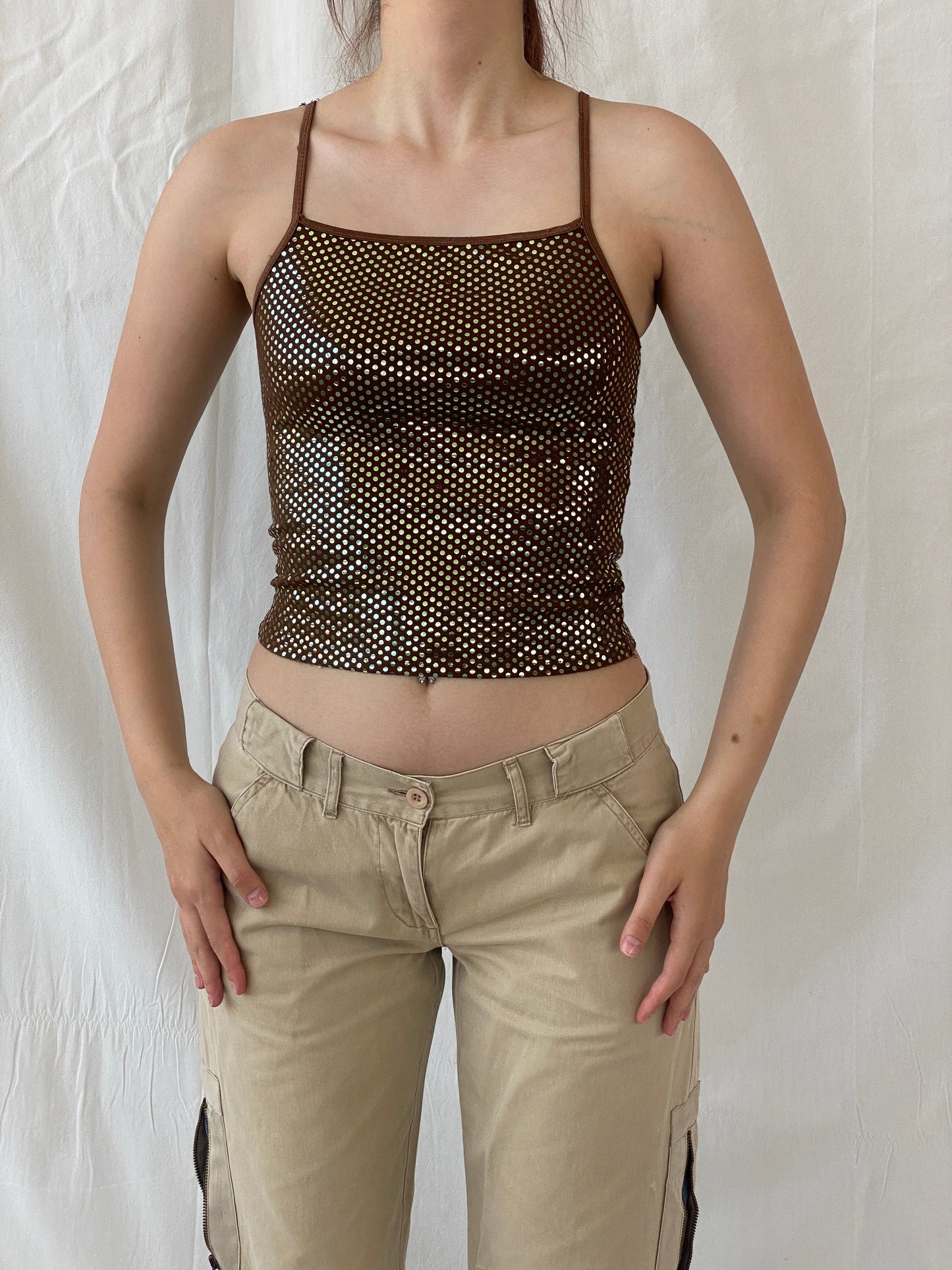 Y2K Brown Copper Glittery Cropped Cami Top - S - Balagan Vintage Sleeveless Top 00s, Ayah, Cami, shimmer, summer, women top