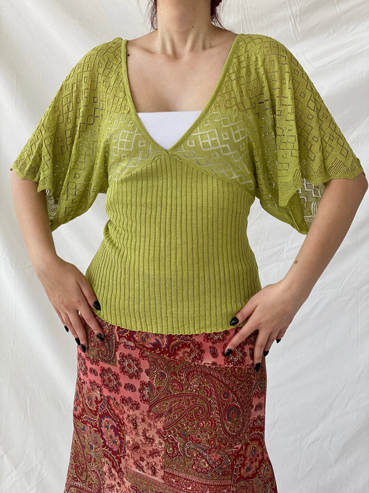 Y2K C.C.S Sarar Knitted See Through Green V-Neck Blouse - L - Balagan Vintage Half Sleeve Top 00s, Ayah, knitted, knitted sweater, sleeveless top