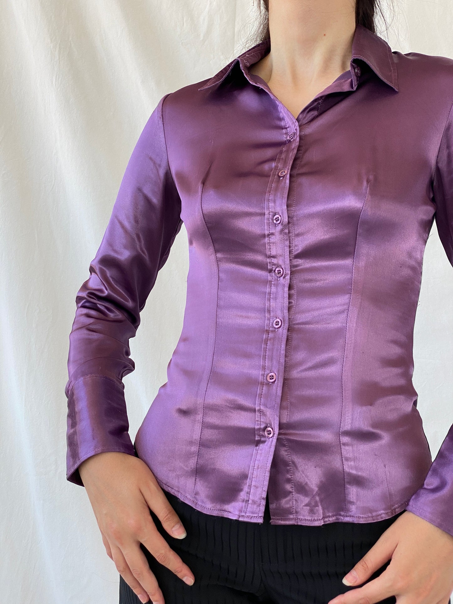 Y2K Camaîeu Purple Satin Long Sleeve Women’s Shirt - S - Balagan Vintage Full Sleeve Shirt 00s, Ayah, consignment, full sleeve shirt, NEW IN, Rand, summer