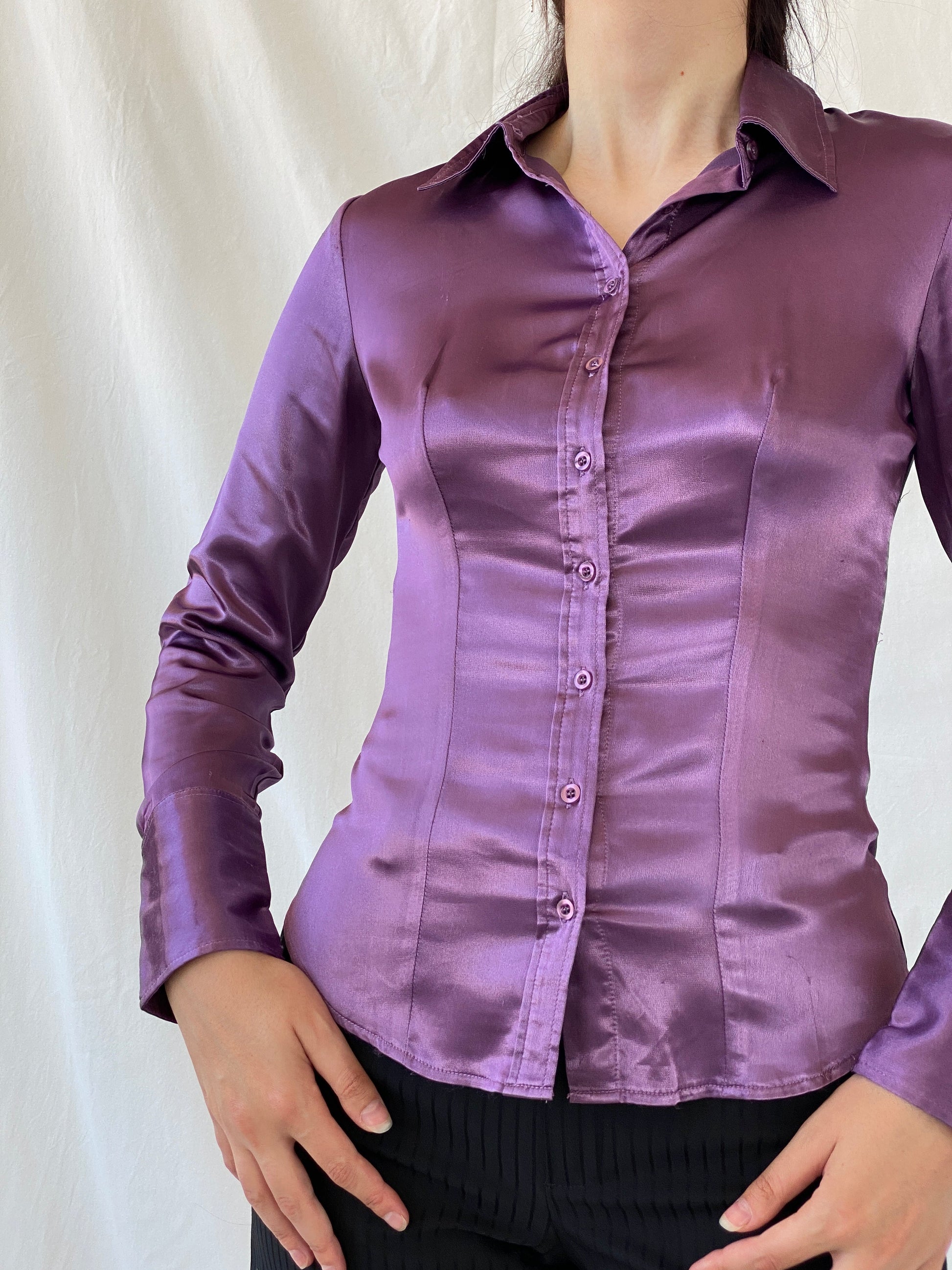 Y2K Camaîeu Purple Satin Long Sleeve Women’s Shirt - S - Balagan Vintage Full Sleeve Shirt 00s, Ayah, consignment, full sleeve shirt, NEW IN, Rand, summer