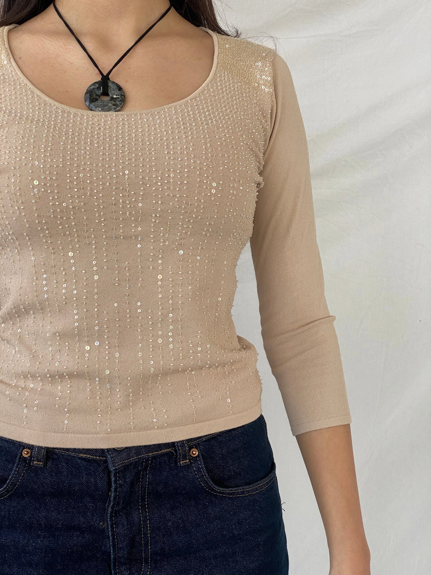 Y2K Caractêre Beige Beaded Round Neck Women’s Top - S - Balagan Vintage Full Sleeve Top 00s, full sleeve top, Syntia, women top