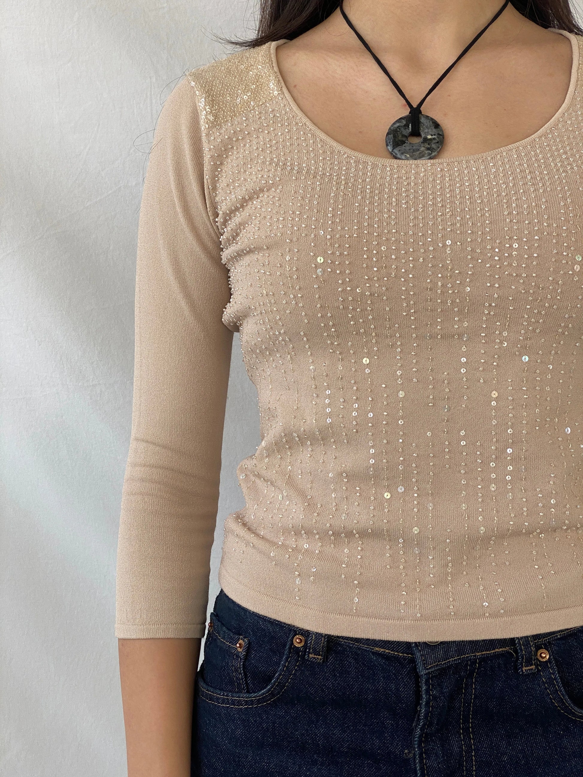 Y2K Caractêre Beige Beaded Round Neck Women’s Top - S - Balagan Vintage Full Sleeve Top 00s, full sleeve top, Syntia, women top