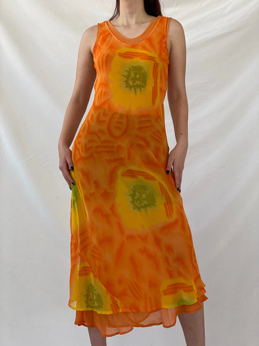Y2K Chiffon Orange Tie Dye Sheer Maxi Dress - M - Balagan Vintage Midi Dress Ayah, dress, midi dress, summer, summer dress