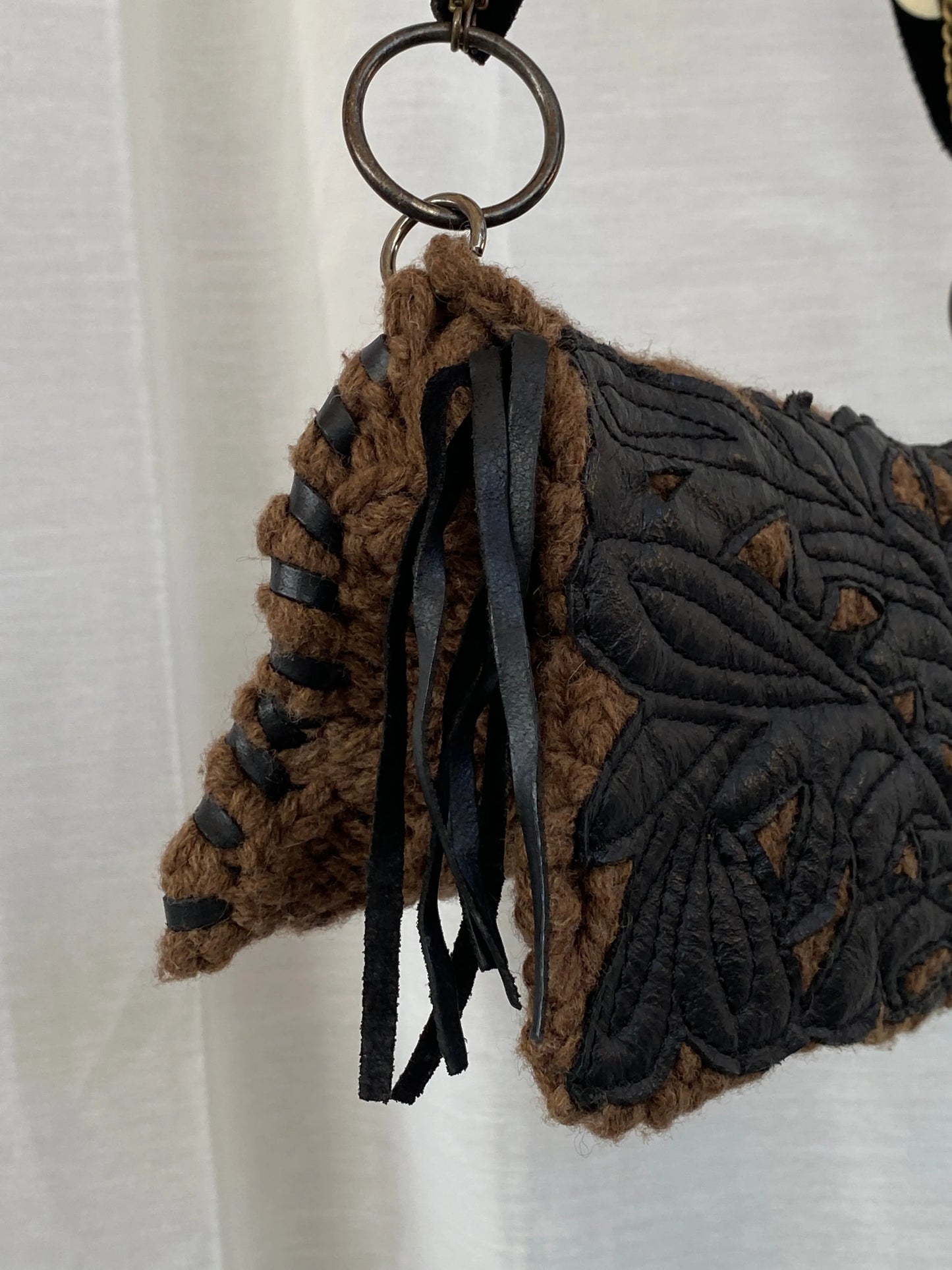 Y2K Chine Belgian Design Brown Crochet and Leather Shoulder Bag - Balagan Vintage Handbags 90s, bag, shoulder bag