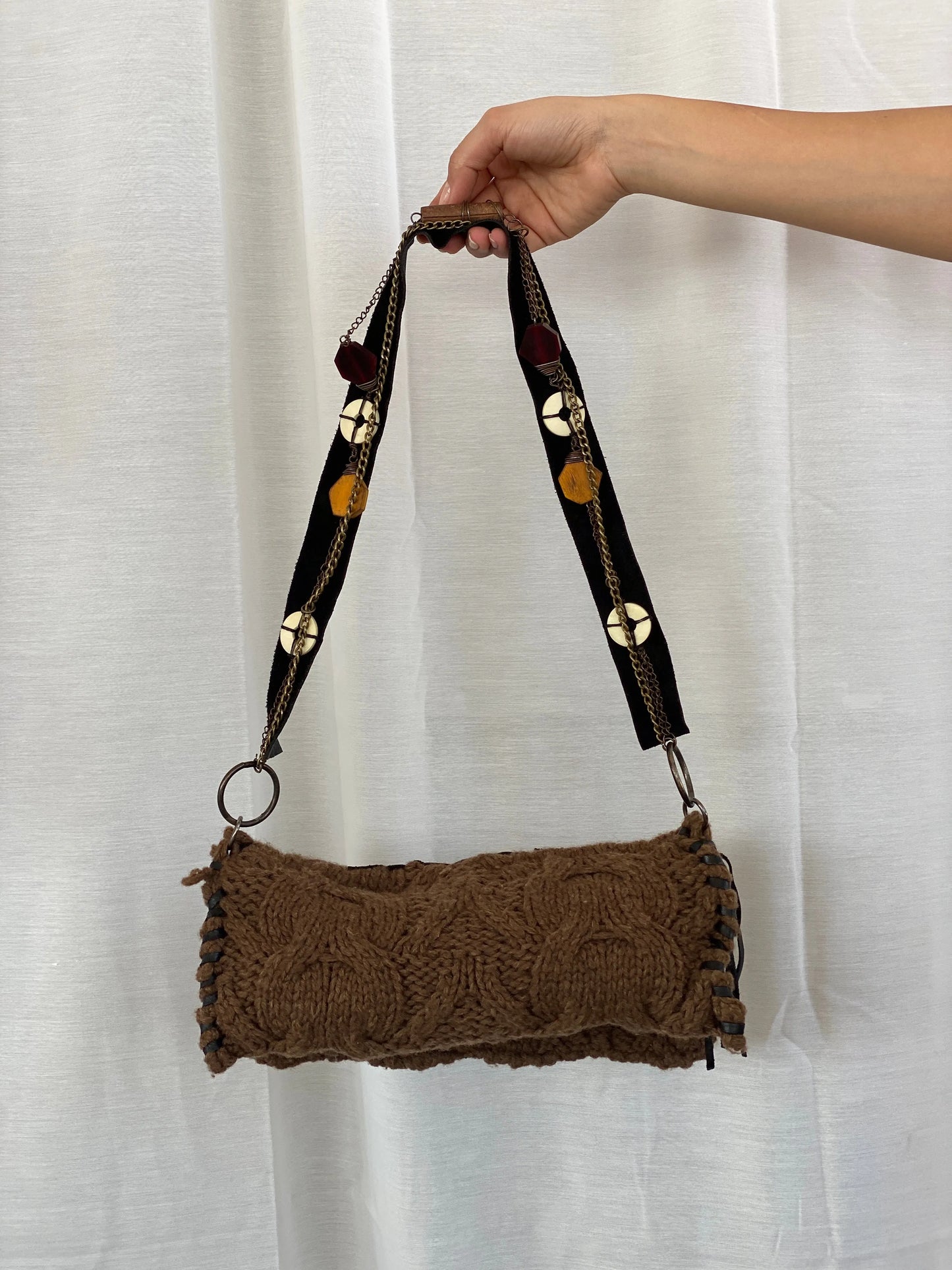 Y2K Chine Belgian Design Brown Crochet and Leather Shoulder Bag - Balagan Vintage Handbags 90s, bag, shoulder bag