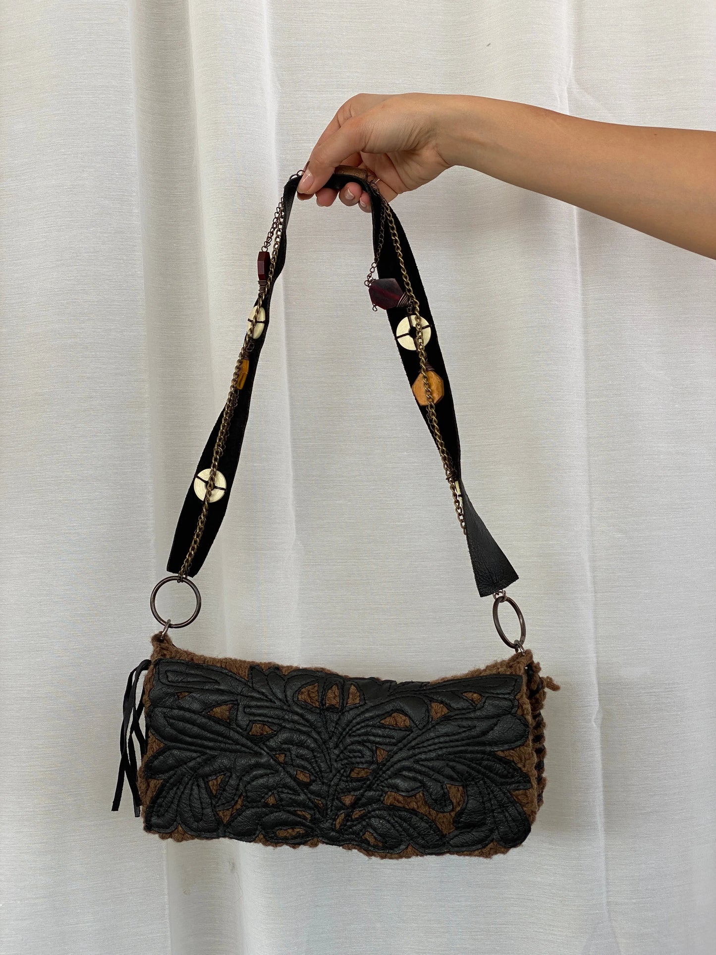 Y2K Chine Belgian Design Brown Crochet and Leather Shoulder Bag - Balagan Vintage Handbags 90s, bag, shoulder bag