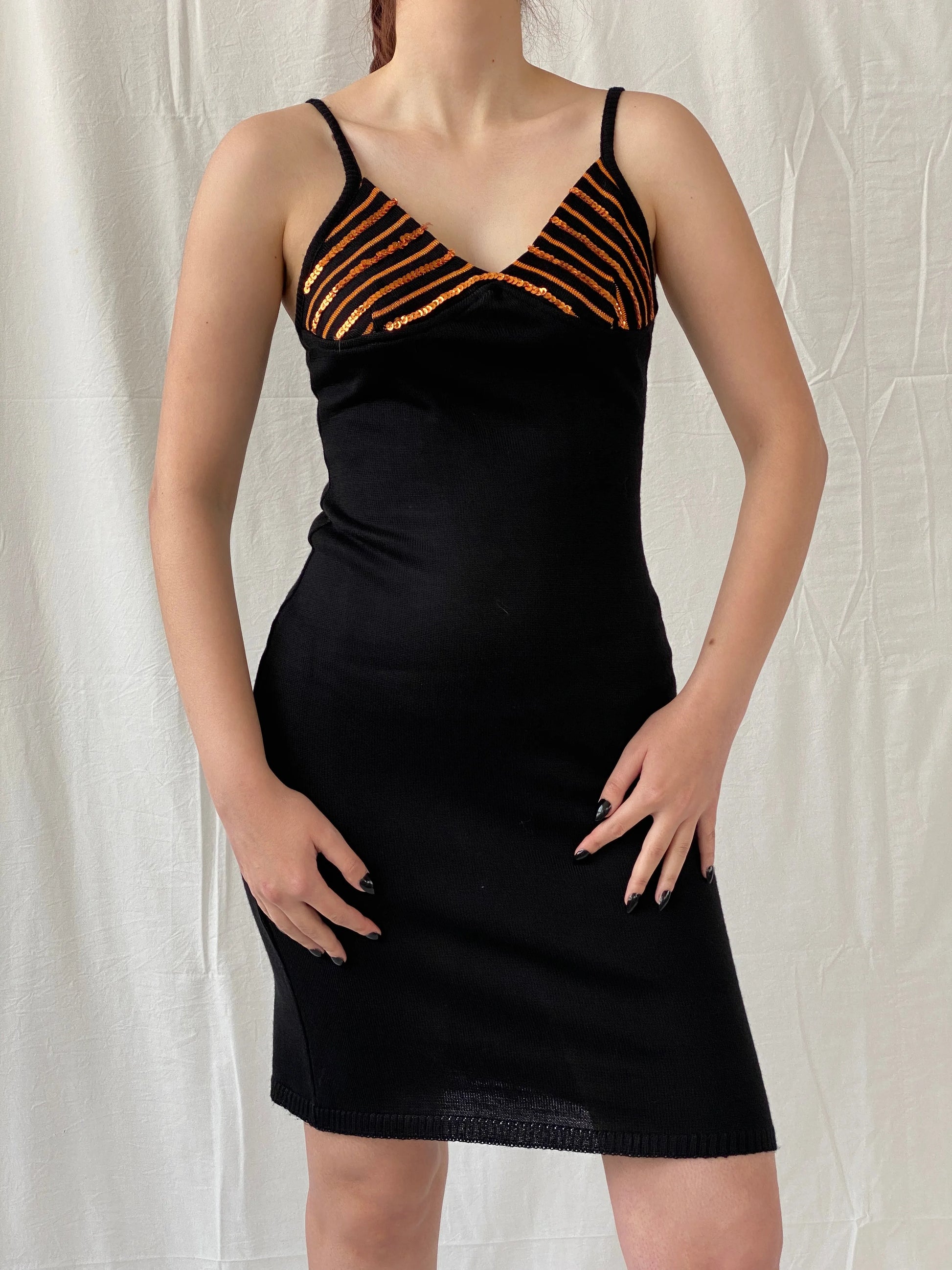 Y2K Cocobis Black Knitted Orange Sequin Spaghetti Strap Fitted Slip Midi Dress - M - Balagan Vintage Midi Dress Ayah, dress, midi dress, summer dress, winter
