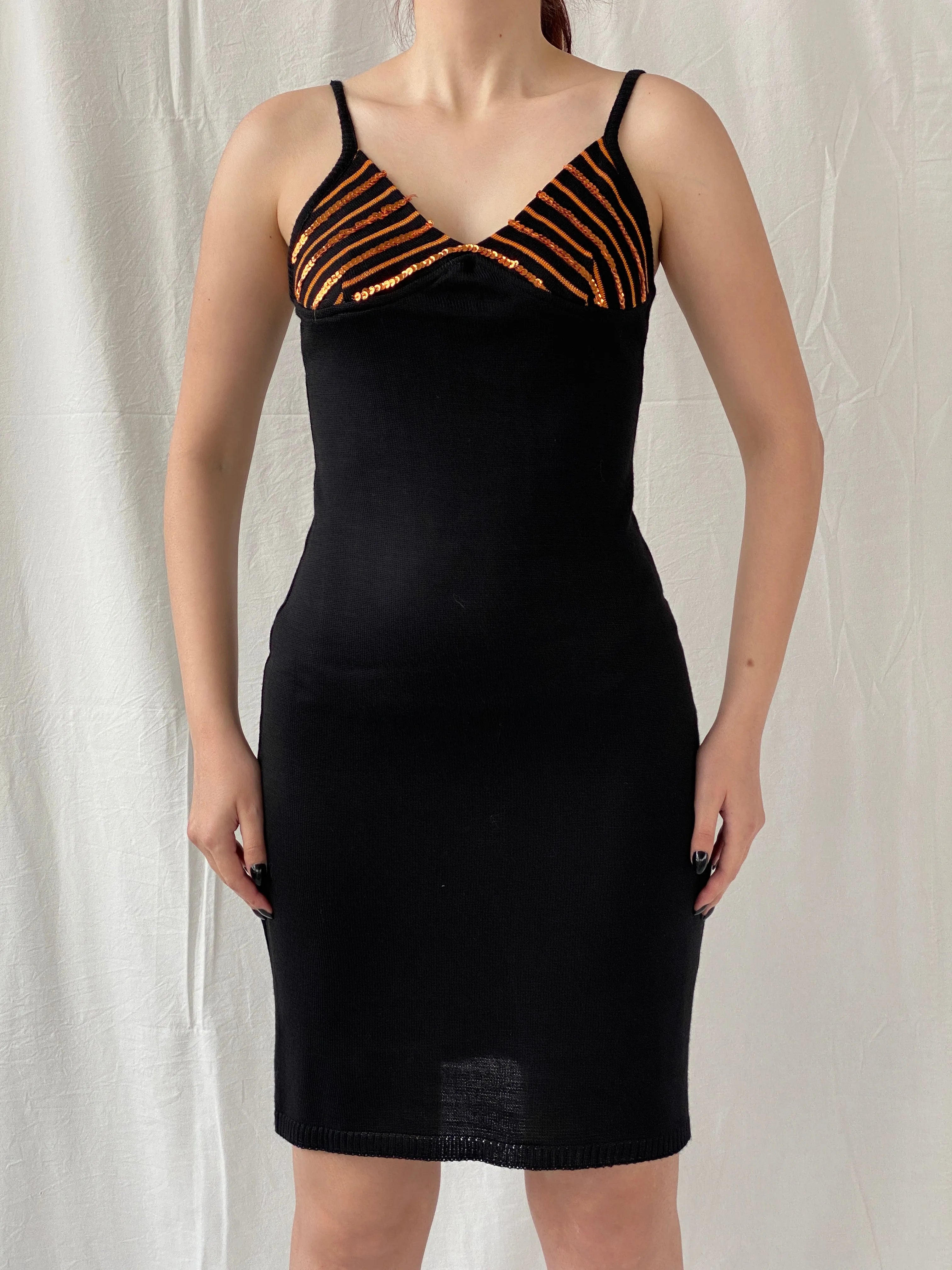 Y2K Cocobis Black Knitted Orange Sequin Spaghetti Strap Fitted Slip Midi Dress - M - Balagan Vintage Midi Dress Ayah, dress, midi dress, summer dress, winter