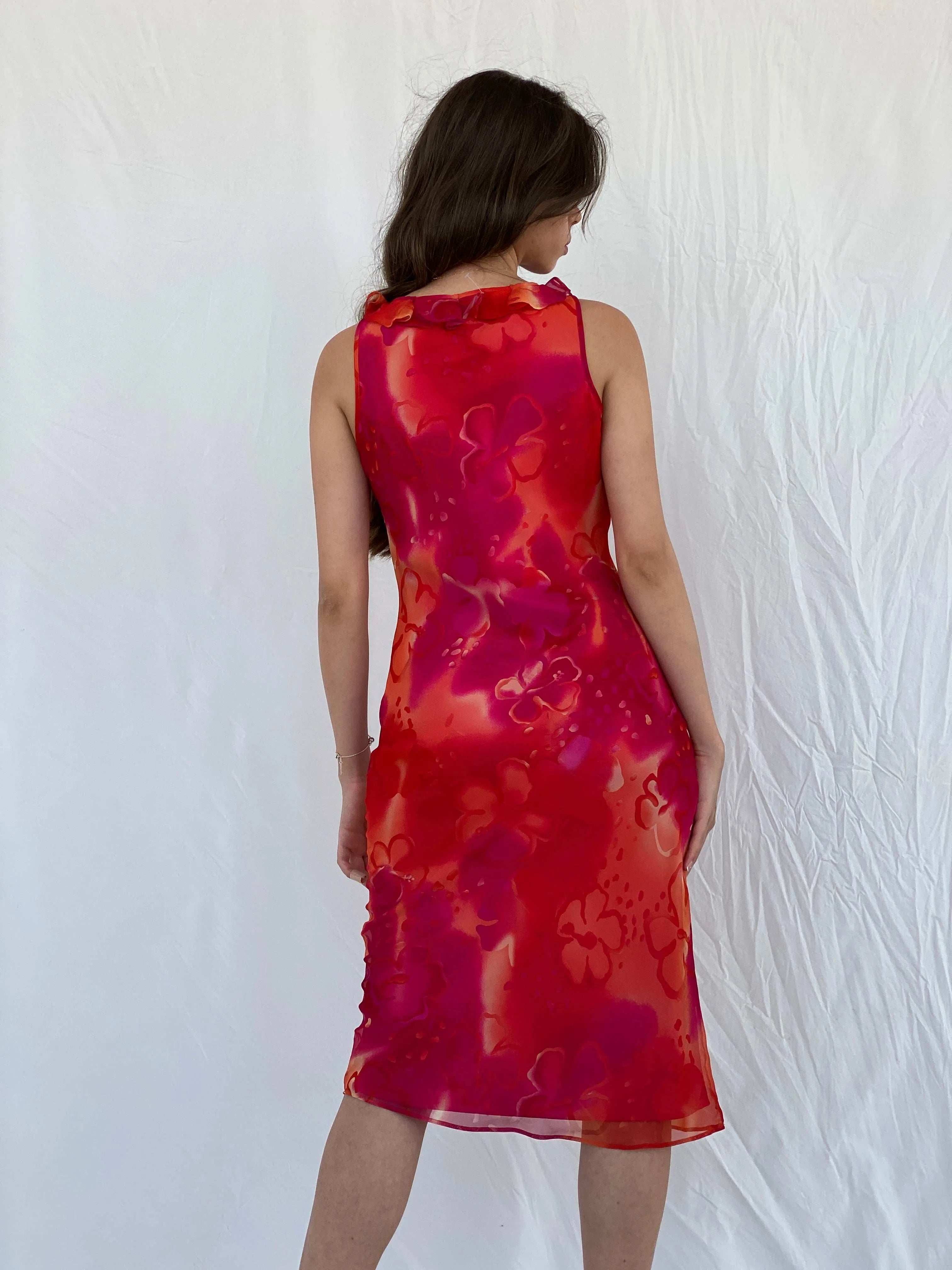 Y2K Cõté Femme Orange & Pink Midi Dress - M - Balagan Vintage Midi Dress 00s, 90s, dress, midi dress, Mira, Wedding Guest