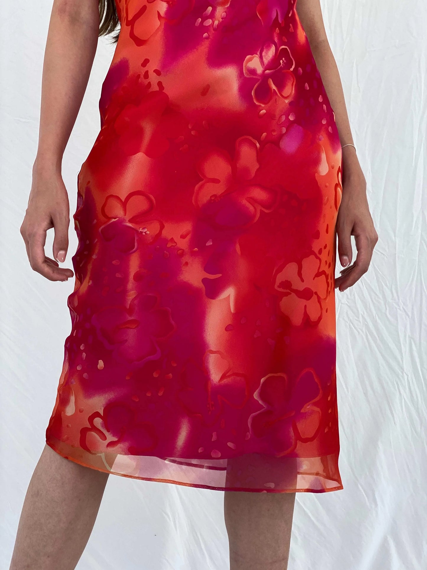 Y2K Cõté Femme Orange & Pink Midi Dress - M - Balagan Vintage Midi Dress 00s, 90s, Deals, dress, midi dress, Mira, Wedding Guest
