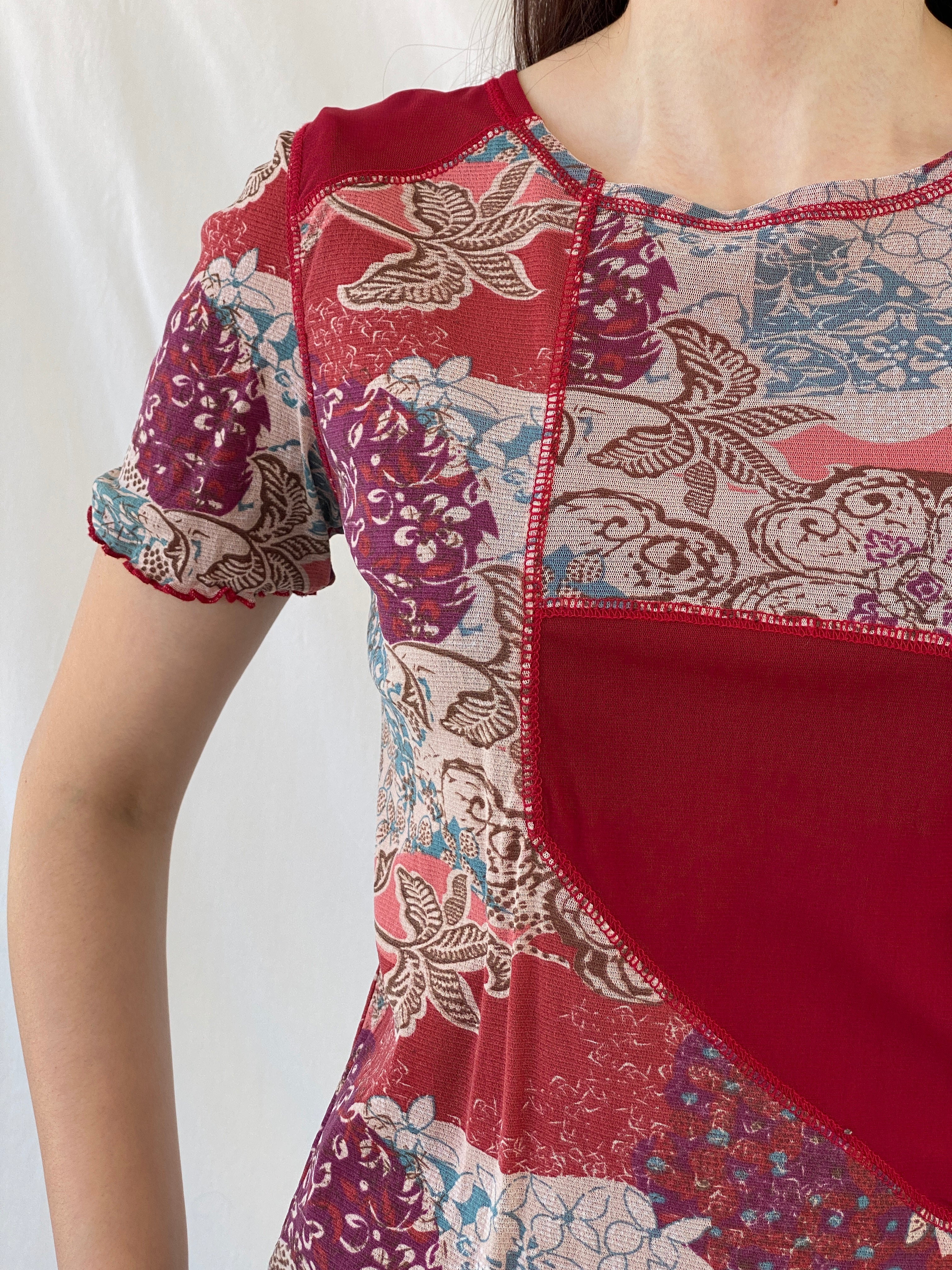 Y2K Daxon Red Patchwork Style Floral Short Sleeve Mesh Top - L - Balagan Vintage Half Sleeve Top 00s, Ayah, mesh, mesh top, NEW IN, summer, women top