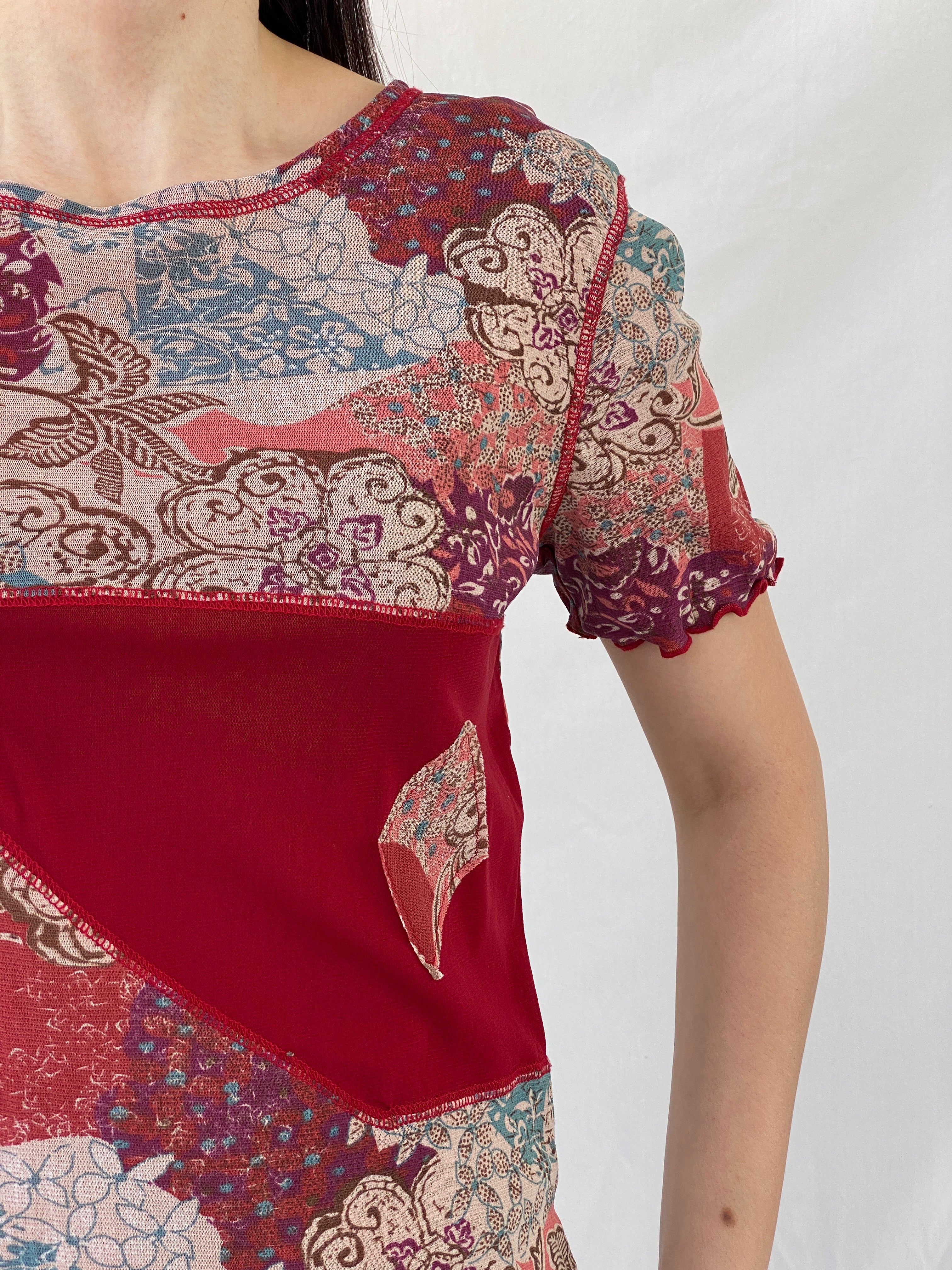 Y2K Daxon Red Patchwork Style Floral Short Sleeve Mesh Top - L - Balagan Vintage Half Sleeve Top 00s, Ayah, mesh, mesh top, NEW IN, summer, women top