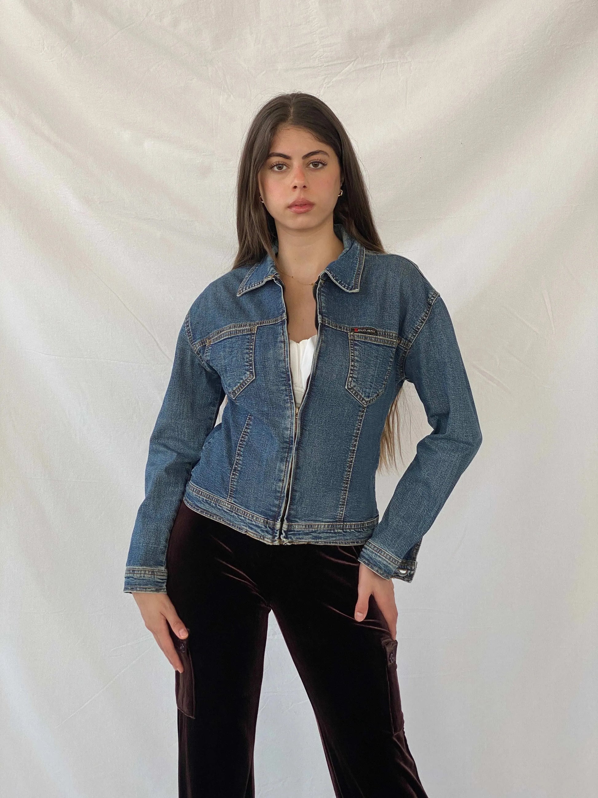Y2K DKNY Short Fitted Zip Up Denim Jacket - XS - Balagan Vintage Denim Jacket 00s, Coats&Jackets, denim, denim jacket, Mira, Women's Denim Jackets