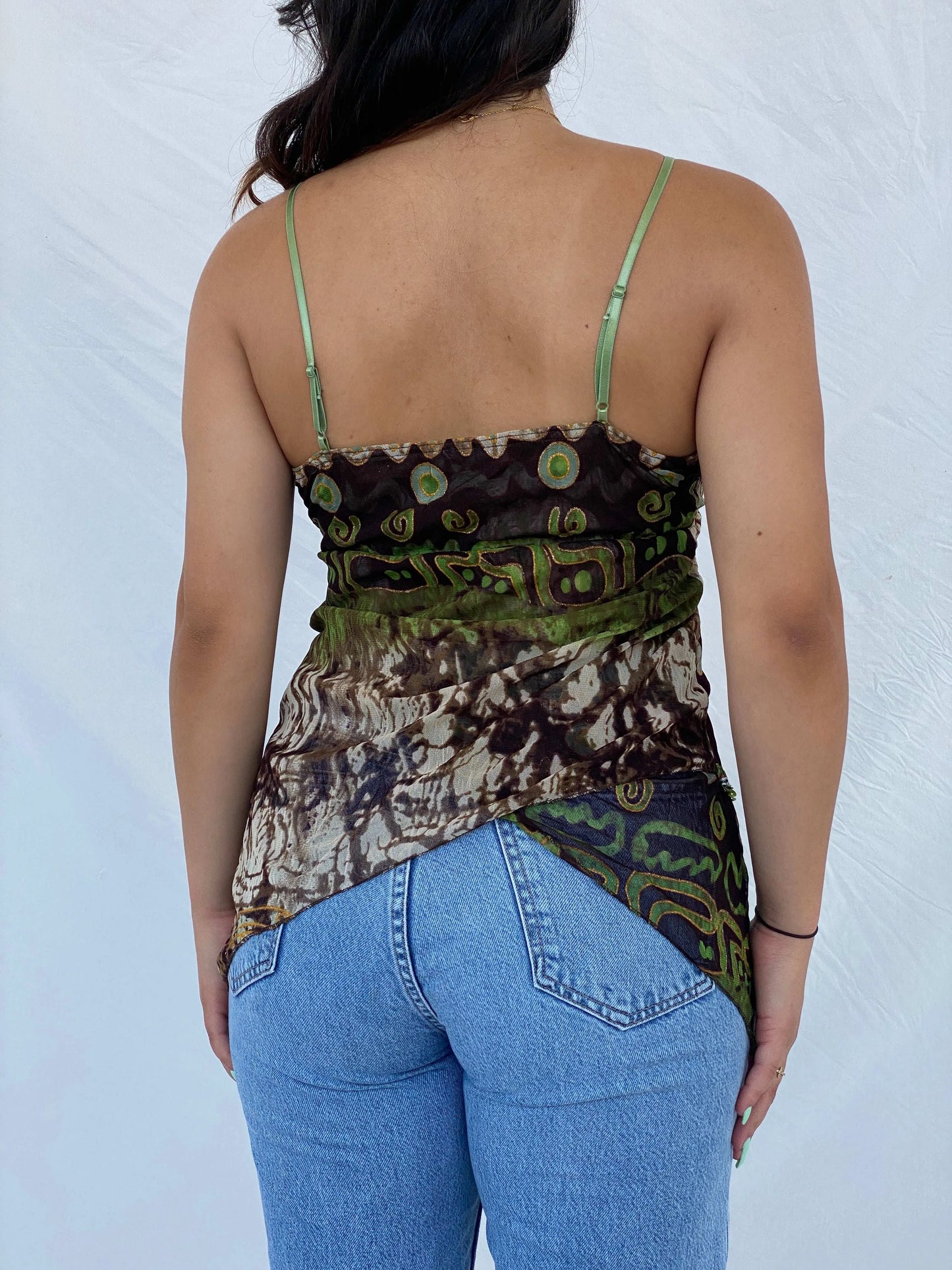Y2K Expressions Beaded Green and Brown Fairy Asymmetric Cami Top - M - Balagan Vintage Sleeveless Top 00s, Cami, Lana, summer