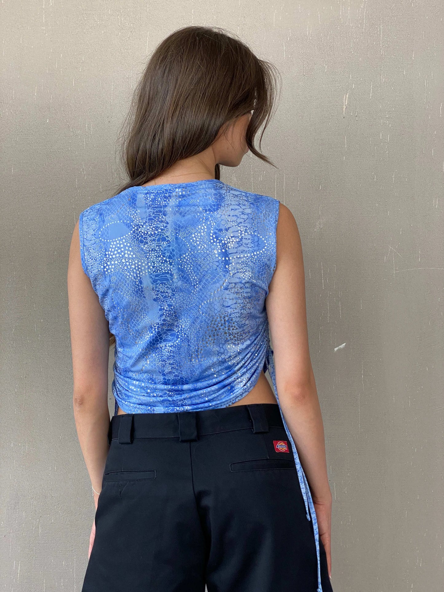 Y2K Festival Blue and Silver Ruched Sides Sleeveless Top - M - Balagan Vintage Sleeveless Top 90s, Mira, sleeveless top, women top