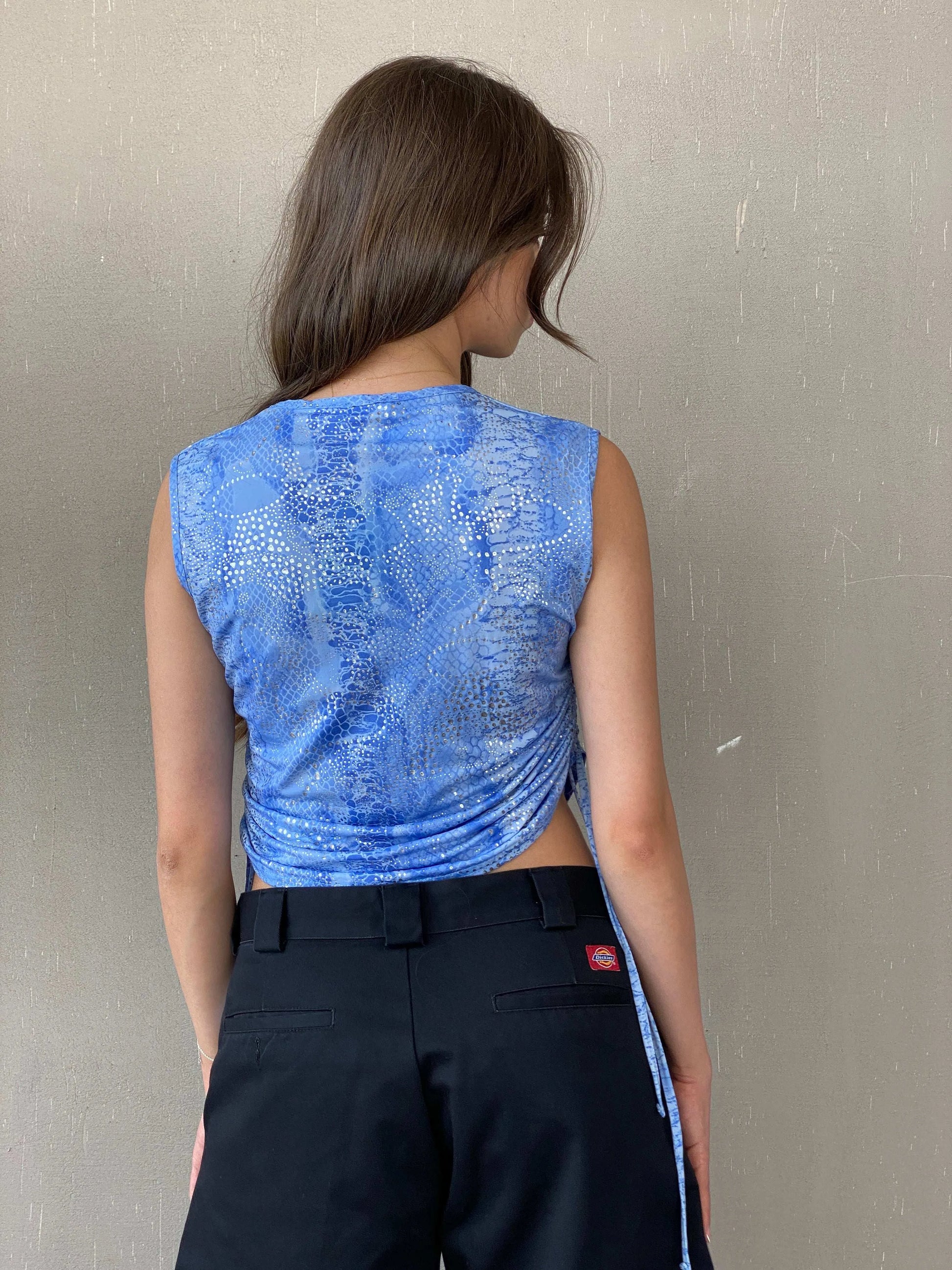 Y2K Festival Blue and Silver Ruched Sides Sleeveless Top - M - Balagan Vintage Sleeveless Top 90s, Mira, sleeveless top, women top