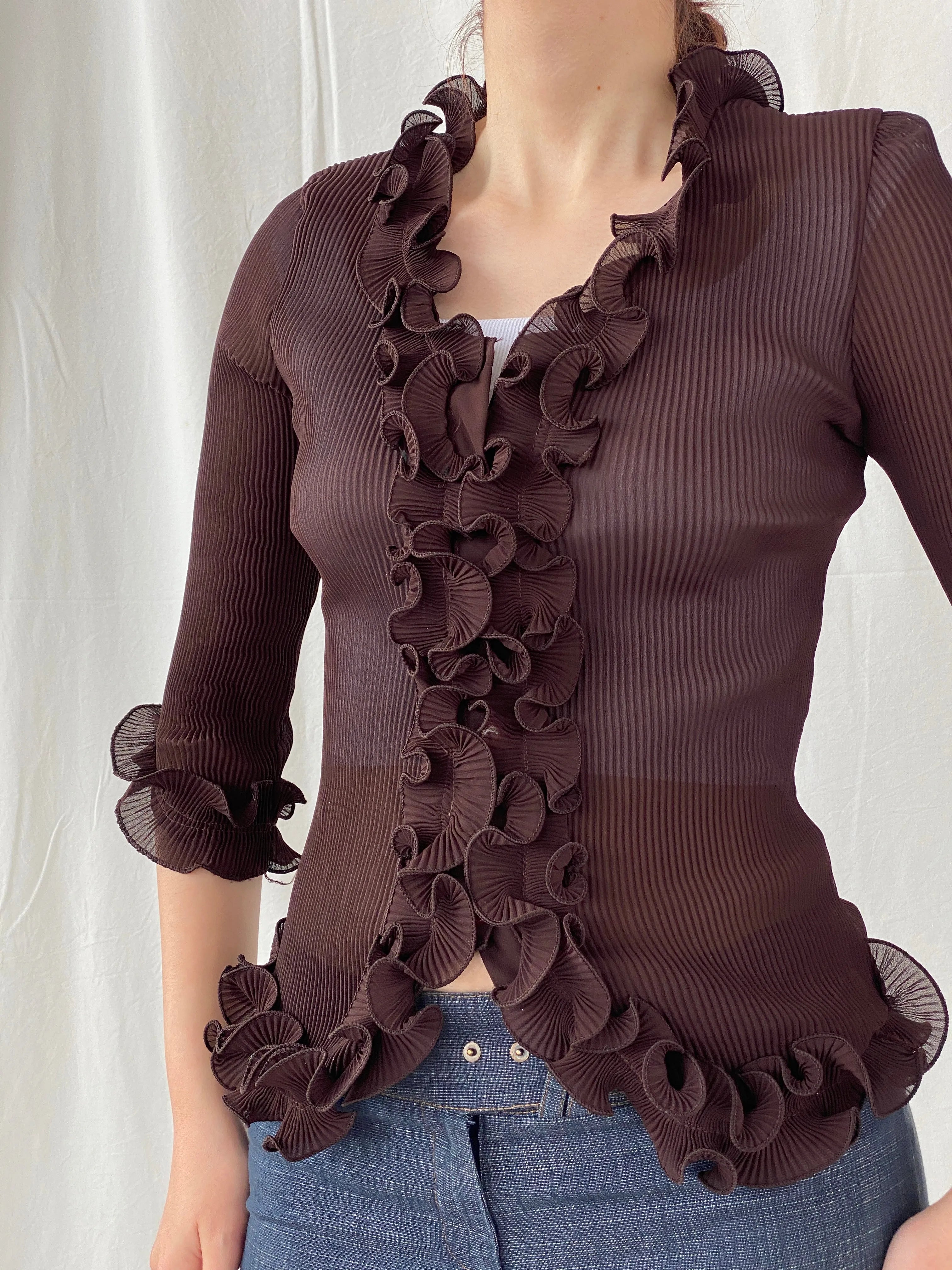 Y2K Fix Chung Ruffled Blouse Sheer Ribbed Brown Women’s Shirt - M - Balagan Vintage Full sleeve Shirt 00s, Ayah, full sleeve shirt, shirt, women shirt
