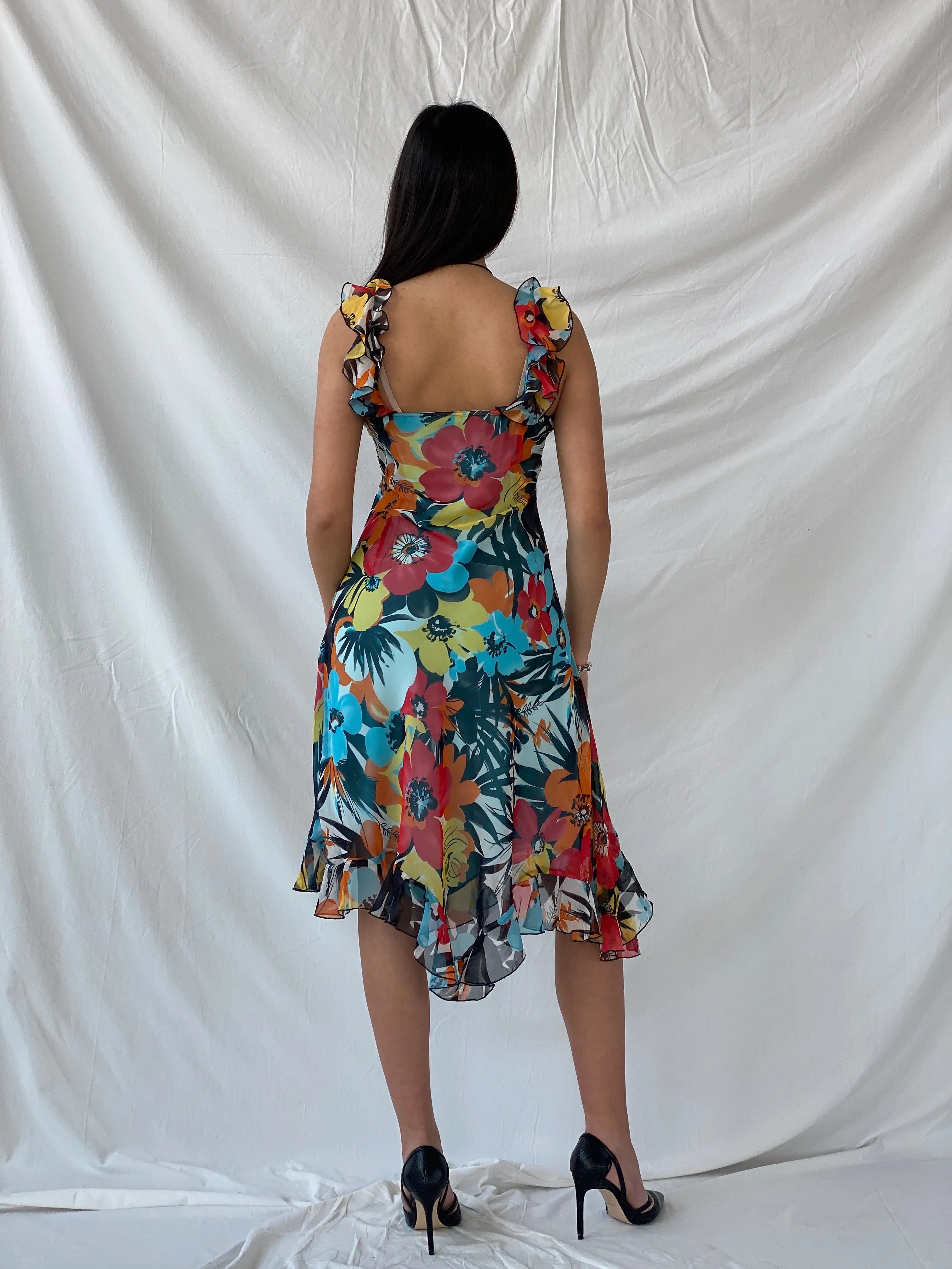 Y2K Floral Blue & Orange Ruffled Midi Dress - M - Balagan Vintage Midi Dress 00s dress, dress, midi dress, Syntia, vintage dress, Wedding Guest