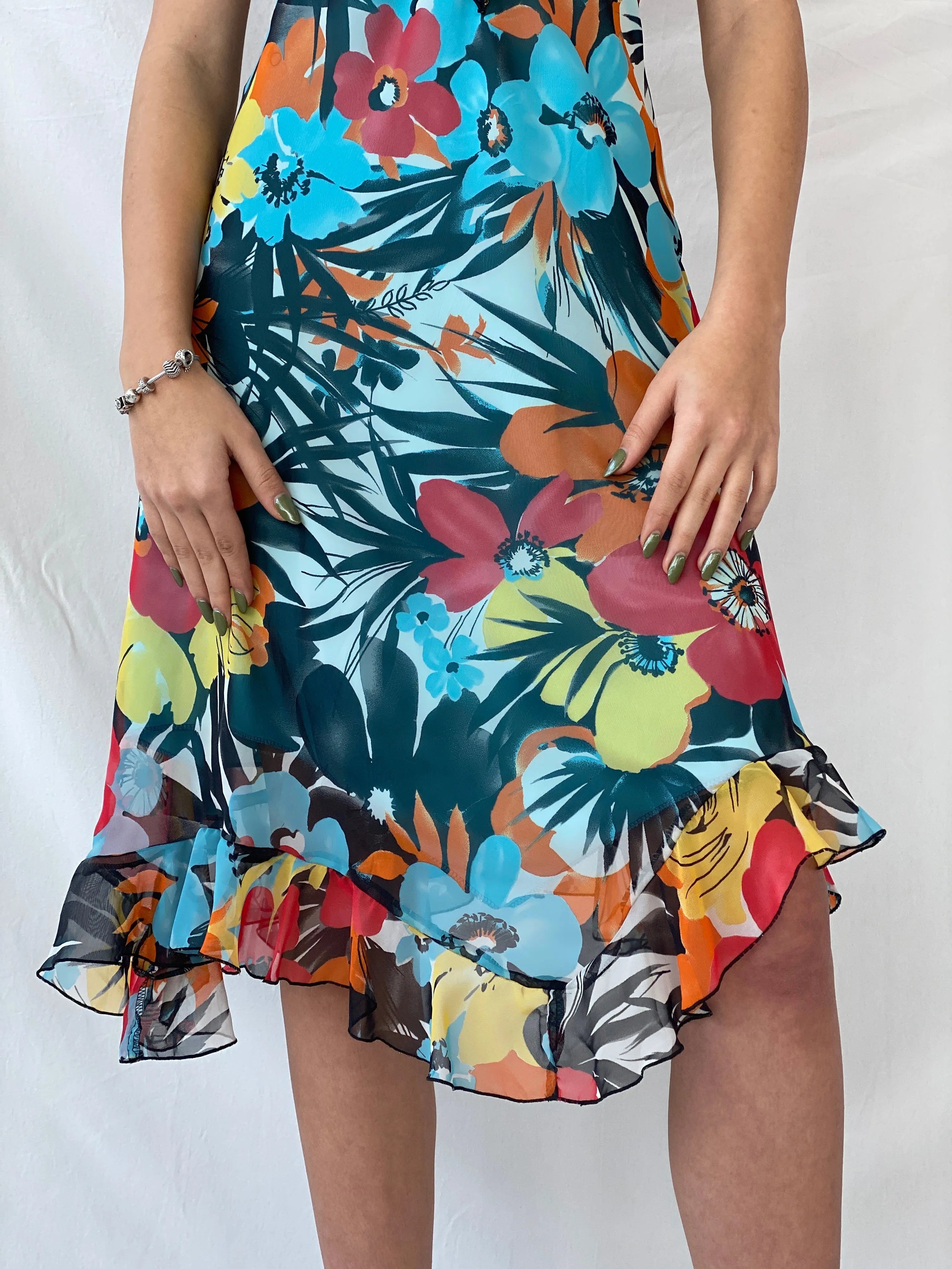 Y2K Floral Blue & Orange Ruffled Midi Dress - M - Balagan Vintage Midi Dress 00s dress, dress, midi dress, Syntia, vintage dress, Wedding Guest