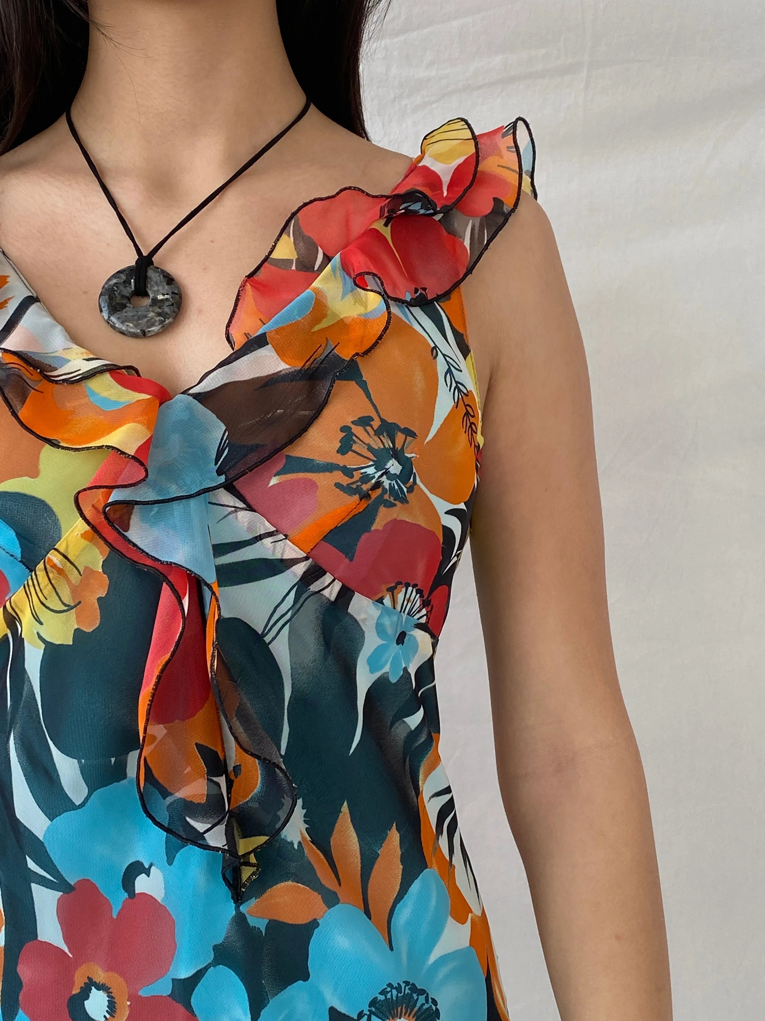 Y2K Floral Blue & Orange Ruffled Midi Dress - M - Balagan Vintage Midi Dress 00s dress, dress, midi dress, Syntia, vintage dress, Wedding Guest