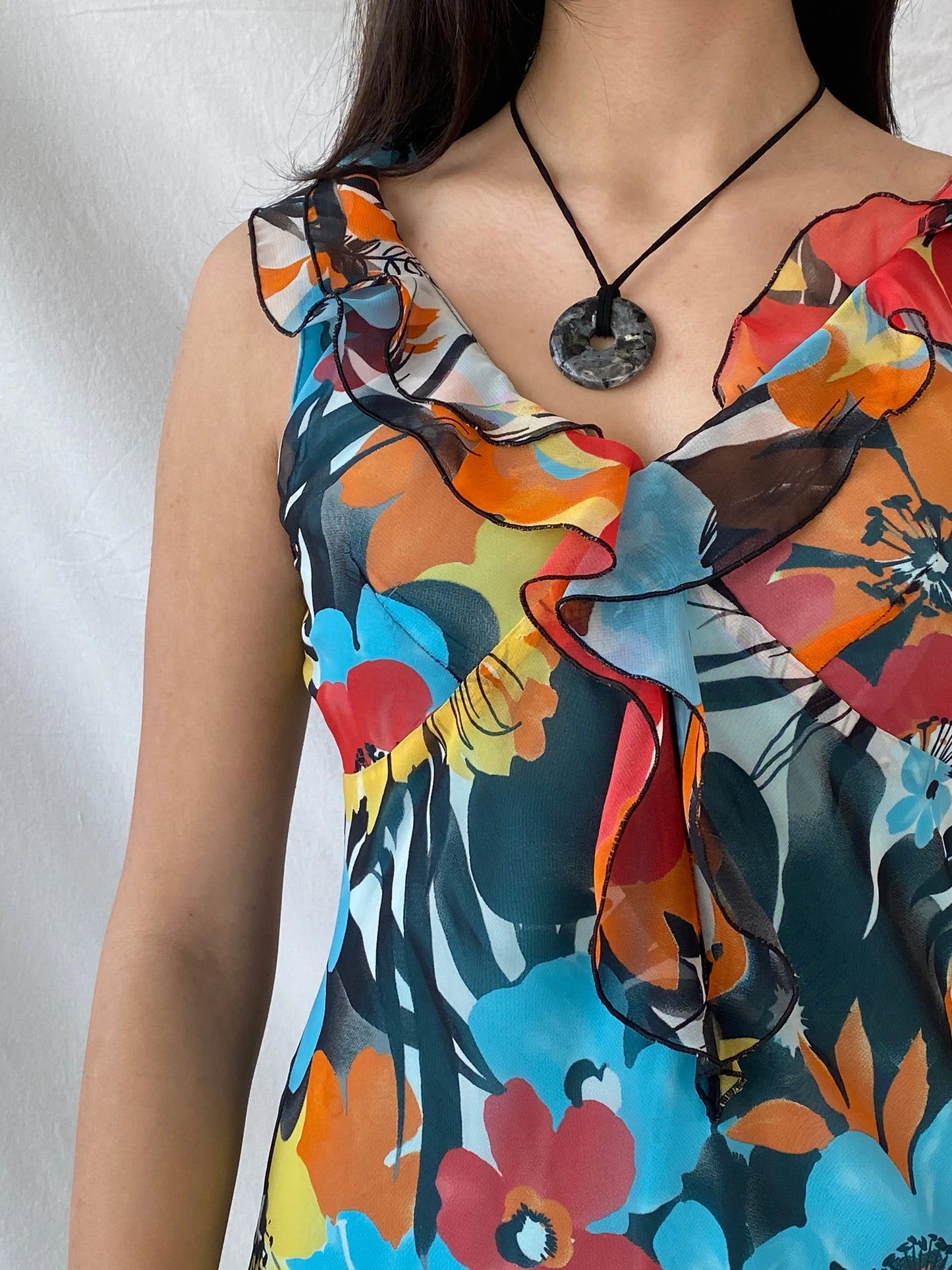 Y2K Floral Blue & Orange Ruffled Midi Dress - M - Balagan Vintage Midi Dress 00s dress, dress, midi dress, Syntia, vintage dress, Wedding Guest