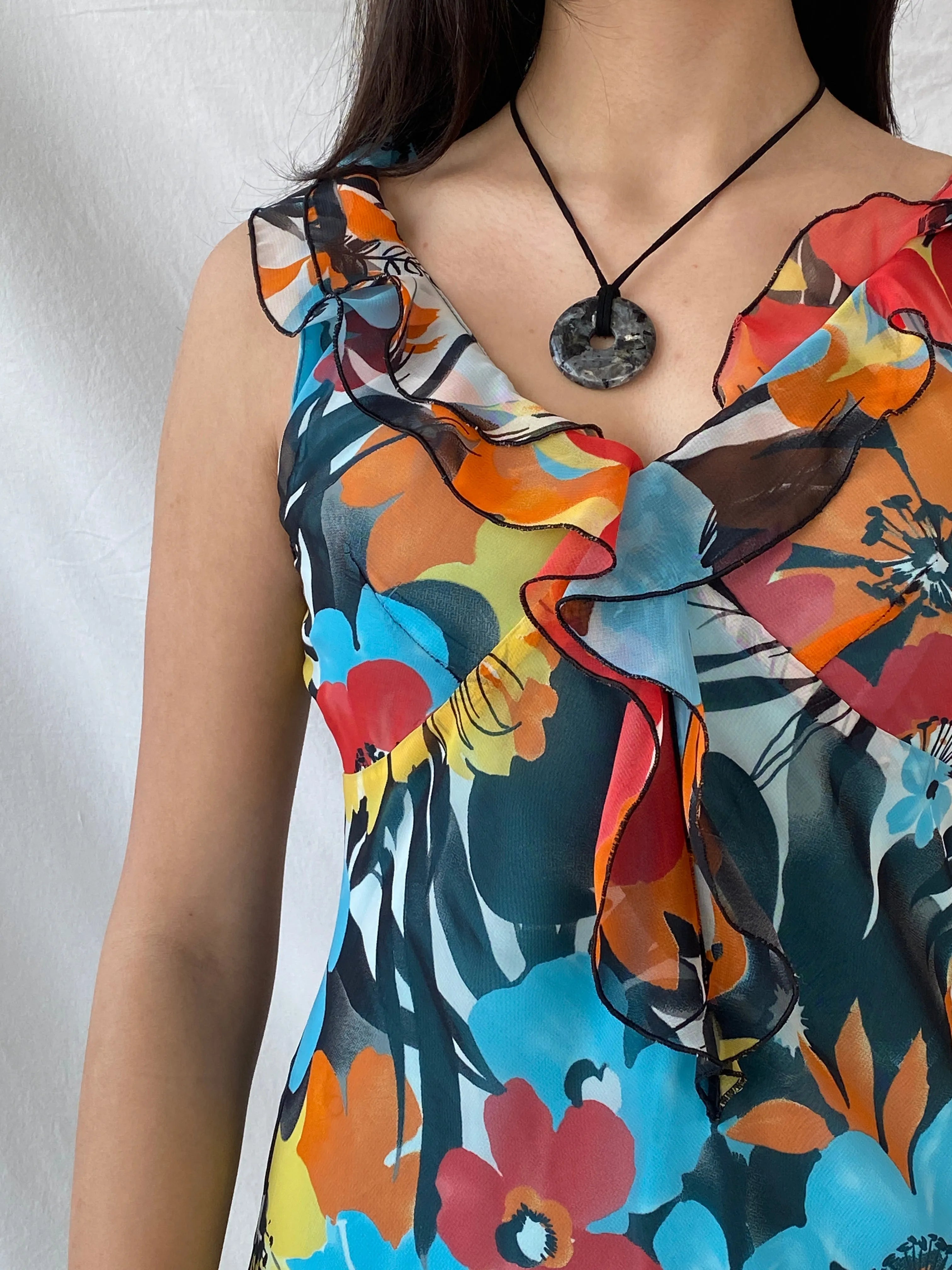 Y2K Floral Blue & Orange Ruffled Midi Dress - M - Balagan Vintage Midi Dress 00s dress, dress, midi dress, Syntia, vintage dress, Wedding Guest