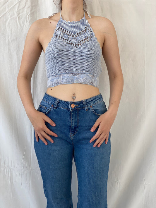 Y2K Forever 21 Marled Knit Halter Neck Blue Crochet Crop Top - S - Balagan Vintage Halter Top 00s, Ayah, knit, knitted, women top
