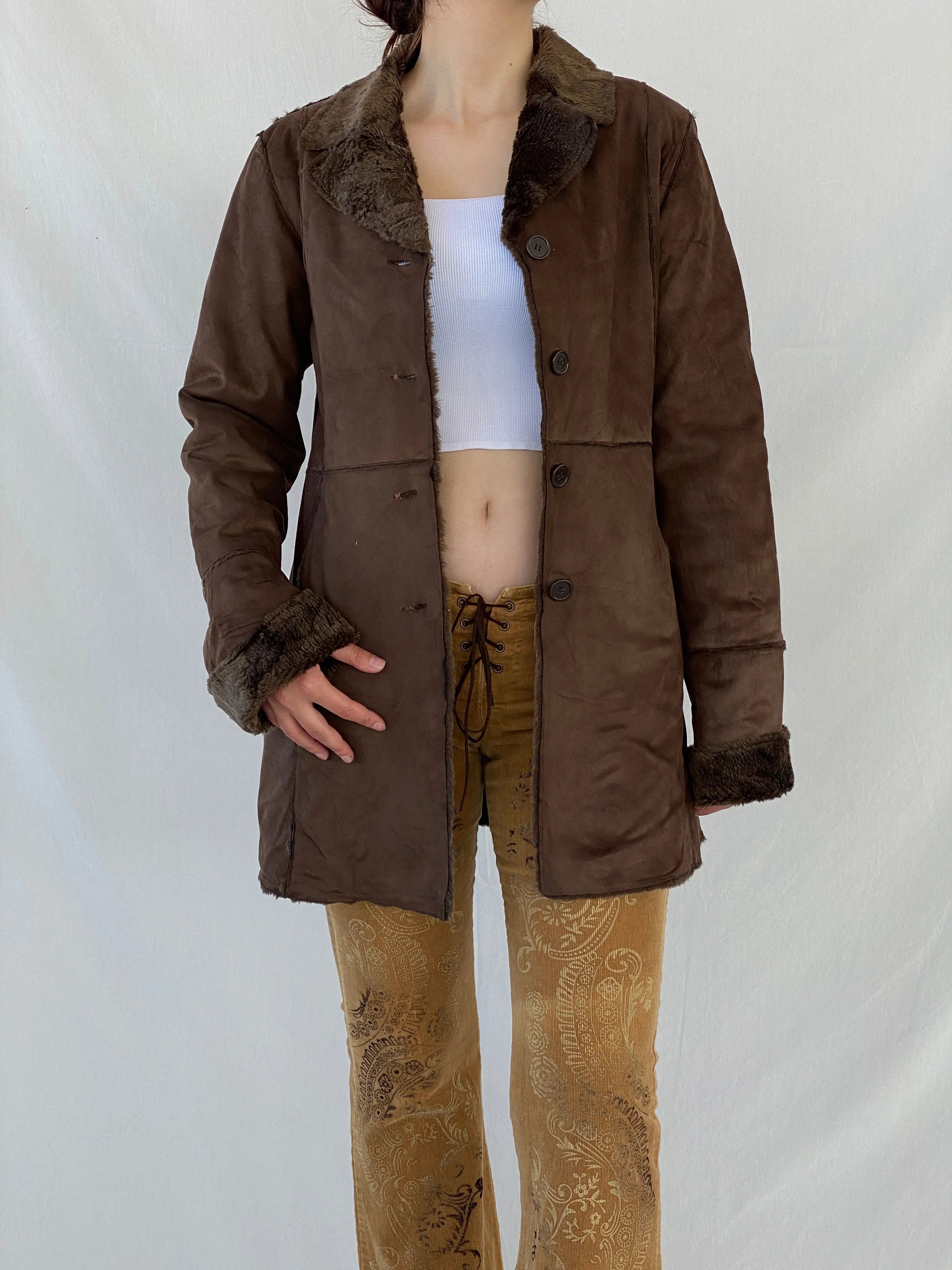Y2K GINA BENOTTI Brown Afghan Style Fur-lined Coat - S - Balagan Vintage Coat 00s, Afghan style, Ayah, coat, faux fur
