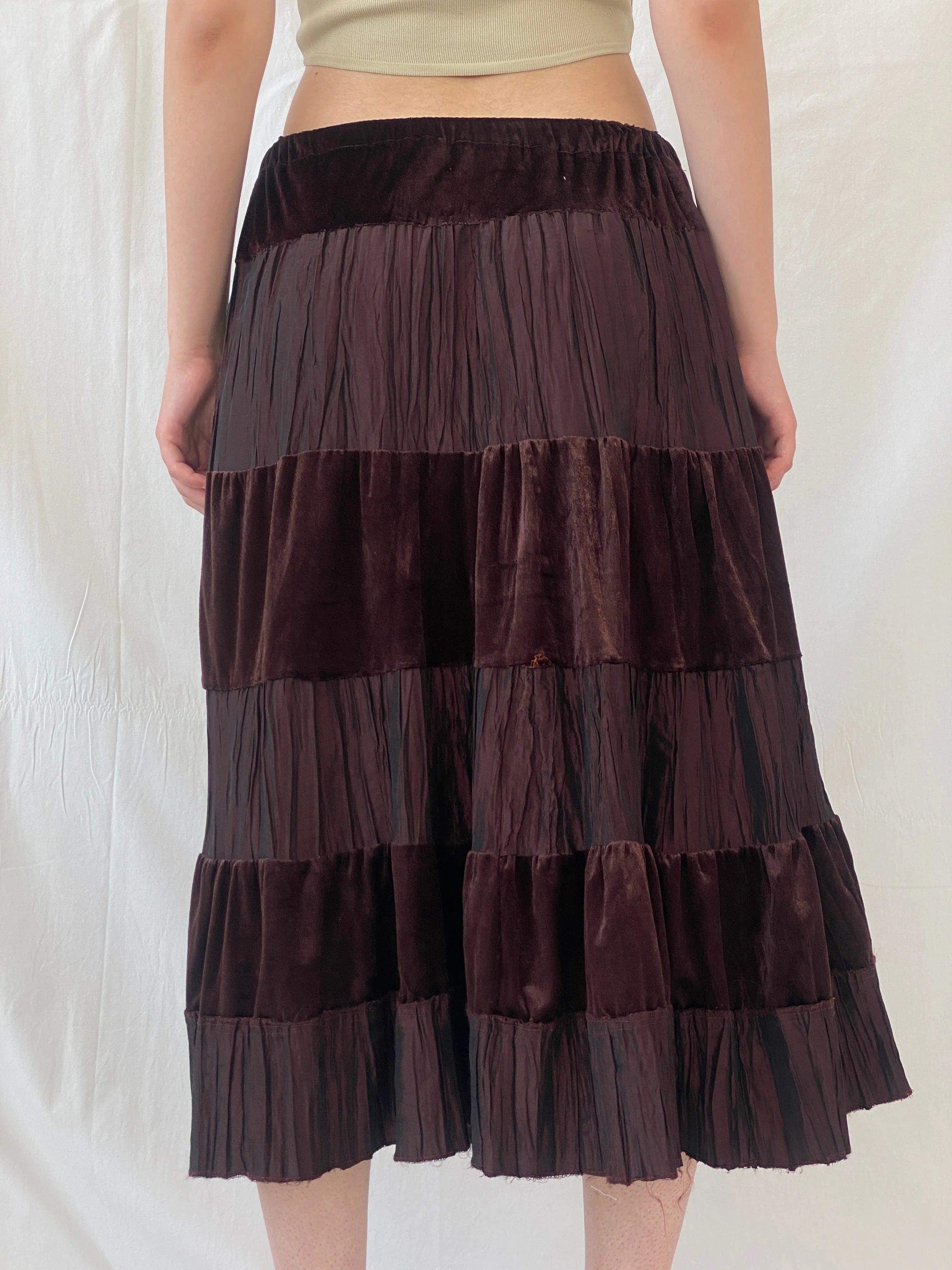 Y2K Gipsy Layered Brown Boho Midi Velvet Cotton Elastic Waist Skirt - L - Balagan Vintage Midi Skirt Ayah, Boho, midi skirt, velvet, winter
