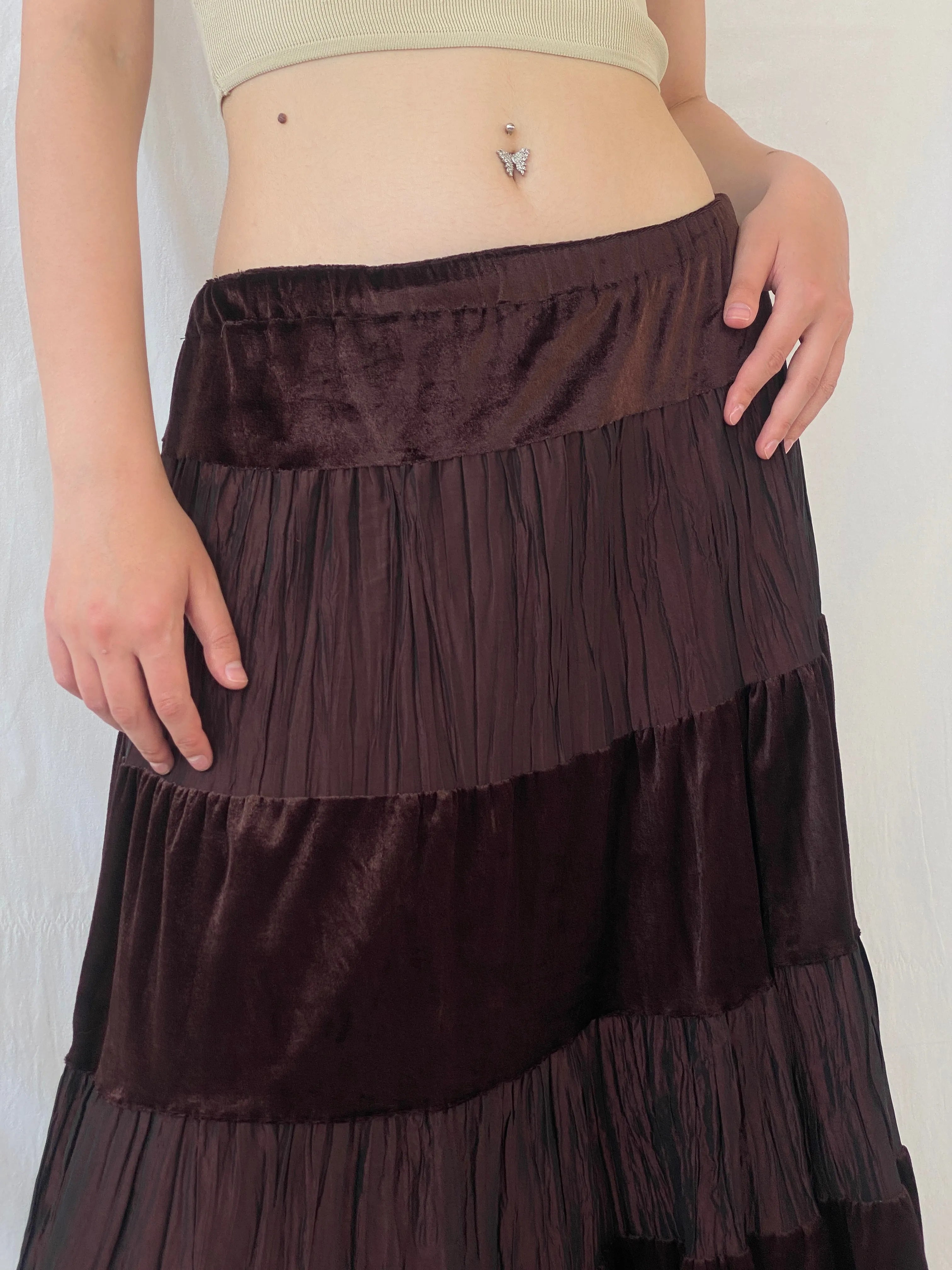 Y2K Gipsy Layered Brown Boho Midi Velvet Cotton Elastic Waist Skirt - L - Balagan Vintage Midi Skirt Ayah, Boho, midi skirt, velvet, winter