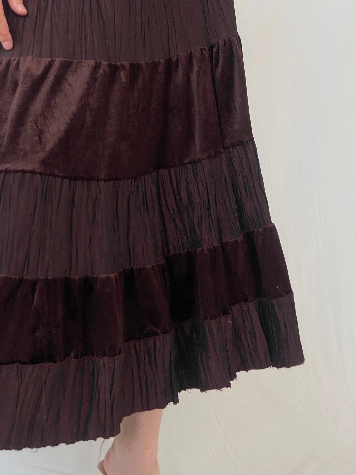 Y2K Gipsy Layered Brown Boho Midi Velvet Cotton Elastic Waist Skirt - L - Balagan Vintage Midi Skirt Ayah, Boho, midi skirt, velvet, winter