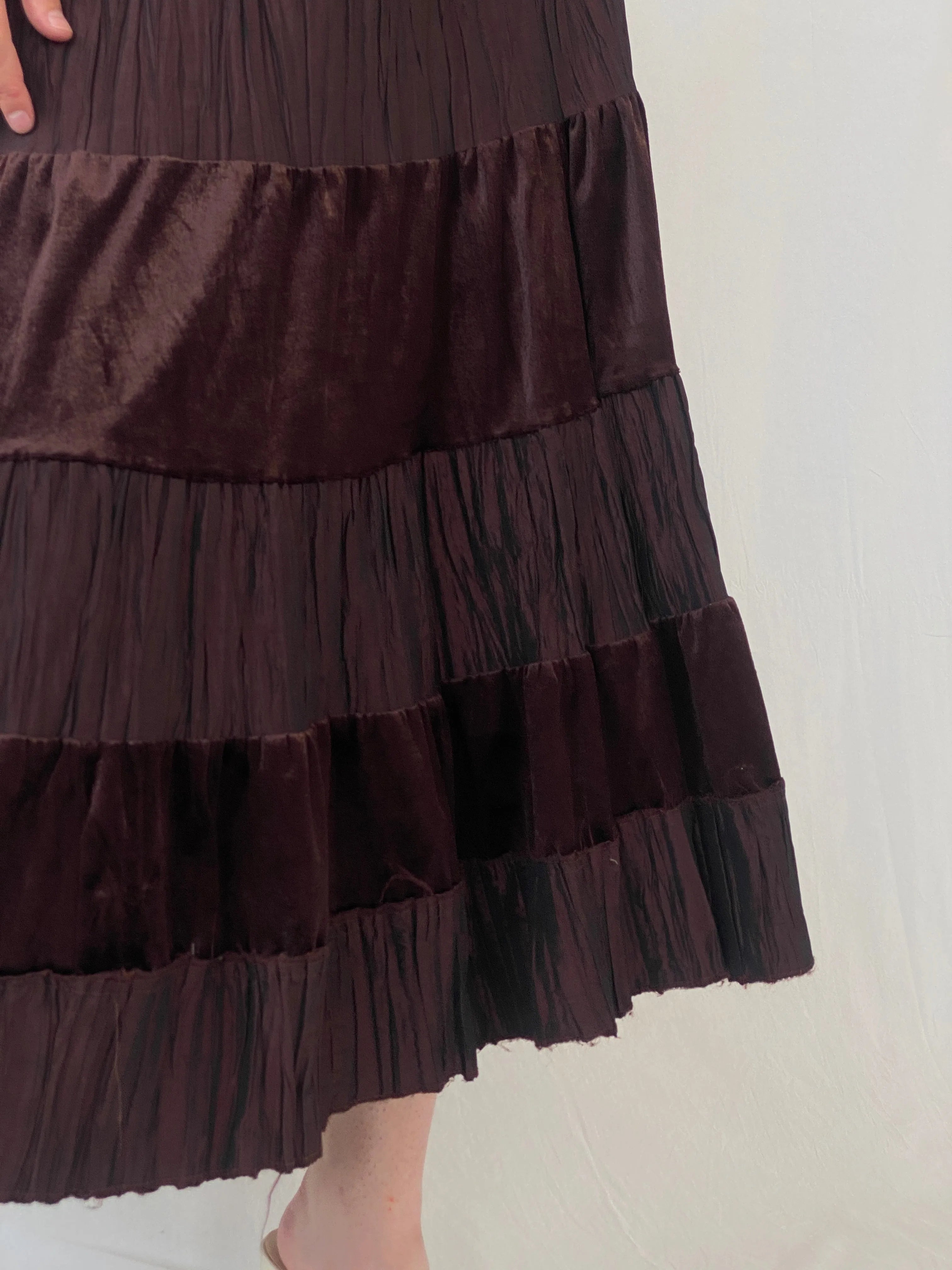 Y2K Gipsy Layered Brown Boho Midi Velvet Cotton Elastic Waist Skirt - L - Balagan Vintage Midi Skirt Ayah, Boho, midi skirt, velvet, winter
