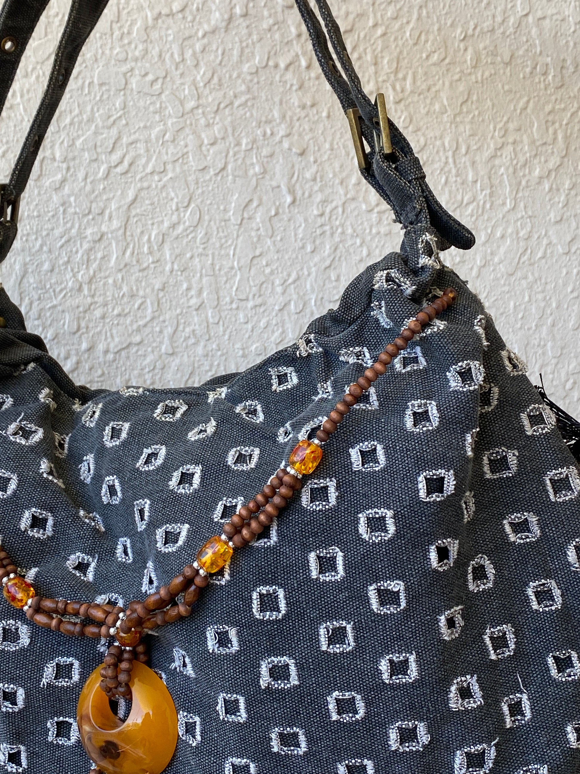 Y2K Gray Boho Hobo Denim Shoulder Bag With Side Fringes - Balagan Vintage Shoulder Bag 00s, 90s, bag, NEW IN, shoulder bag, Y2K