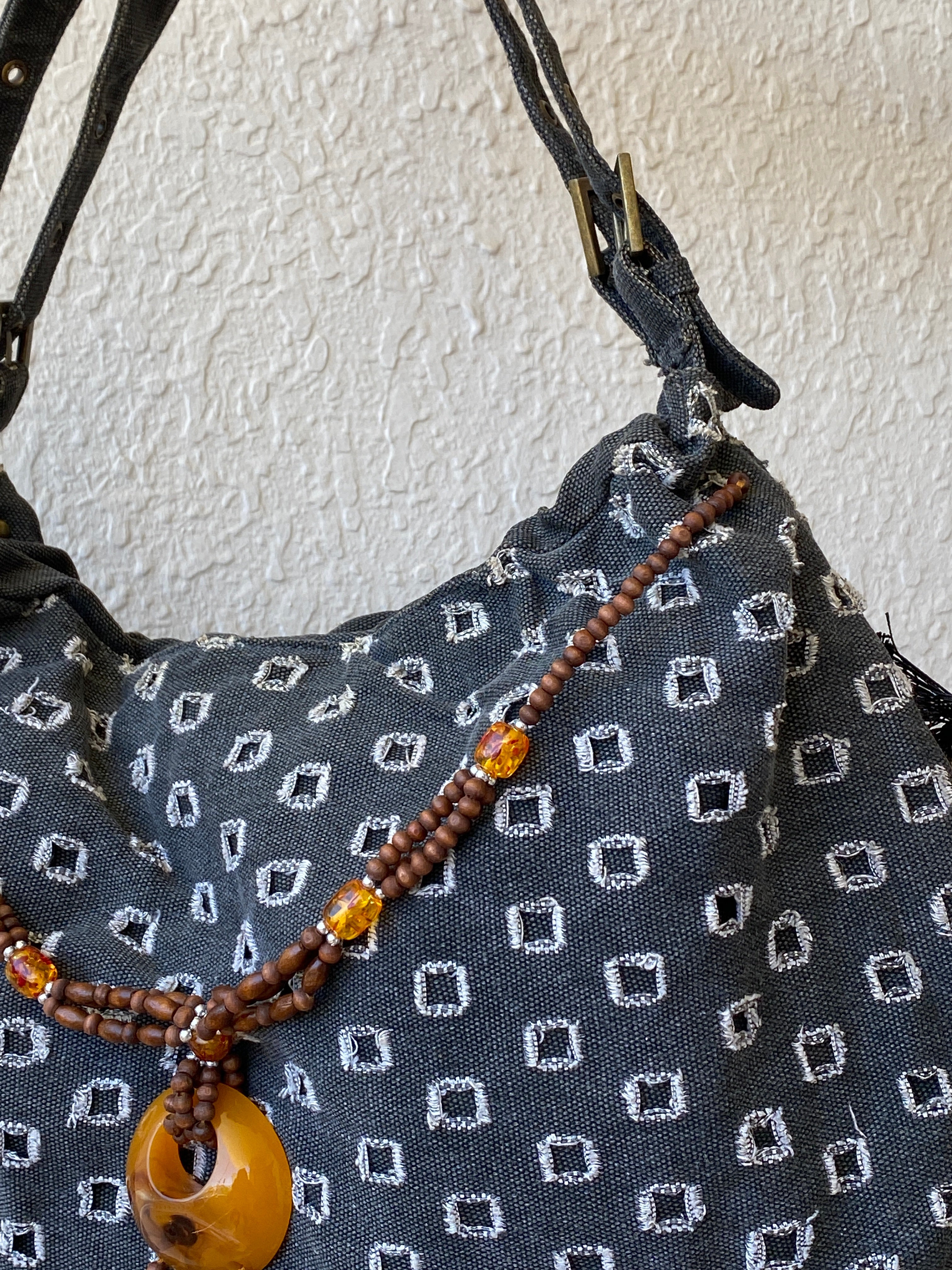 Y2K Gray Boho Hobo Denim Shoulder Bag With Side Fringes - Balagan Vintage Shoulder Bag 00s, 90s, bag, NEW IN, shoulder bag, Y2K