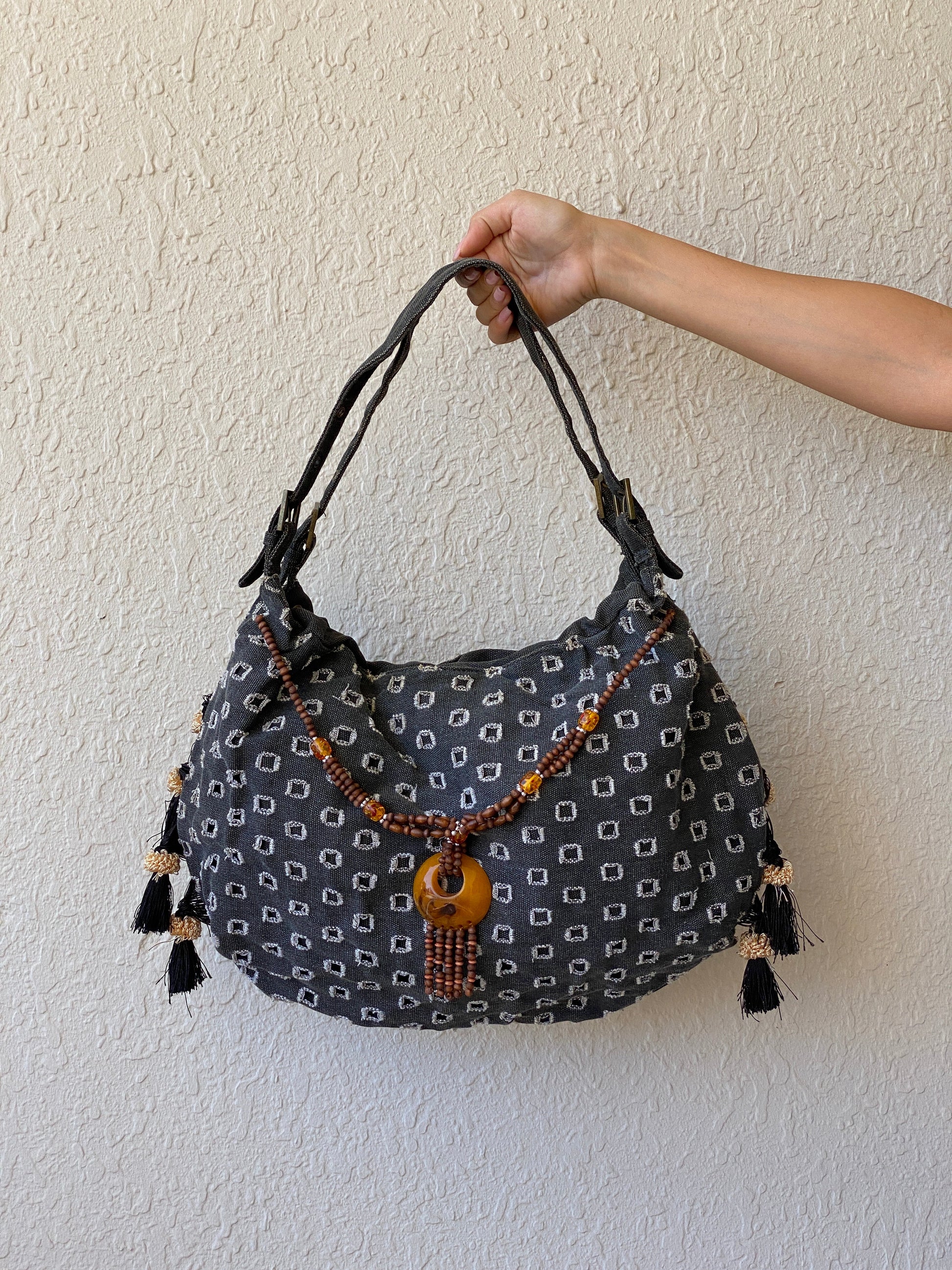 Y2K Gray Boho Hobo Denim Shoulder Bag With Side Fringes - Balagan Vintage Shoulder Bag 00s, 90s, bag, NEW IN, shoulder bag, Y2K