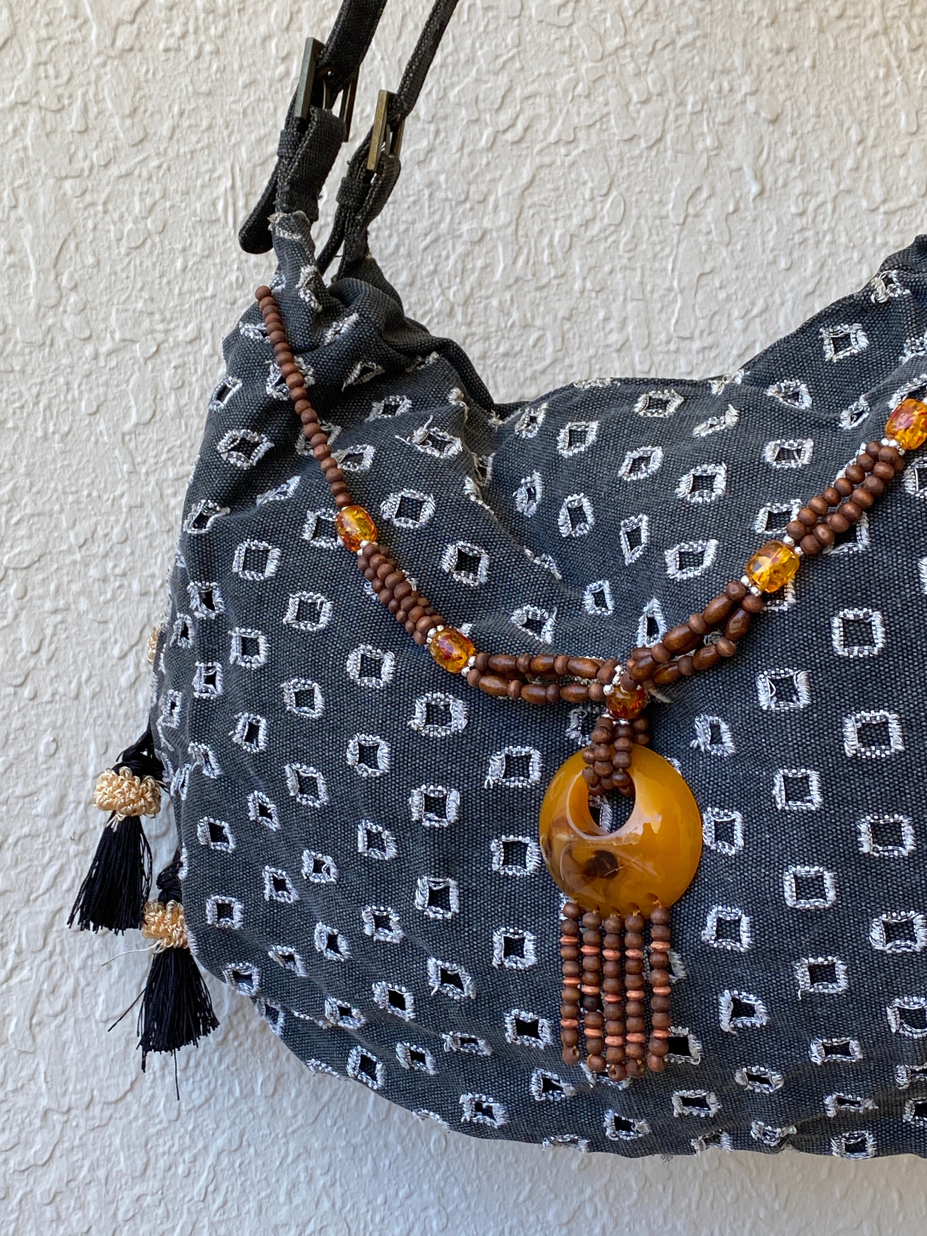 Y2K Gray Boho Hobo Denim Shoulder Bag With Side Fringes - Balagan Vintage Shoulder Bag 00s, 90s, bag, NEW IN, shoulder bag, Y2K