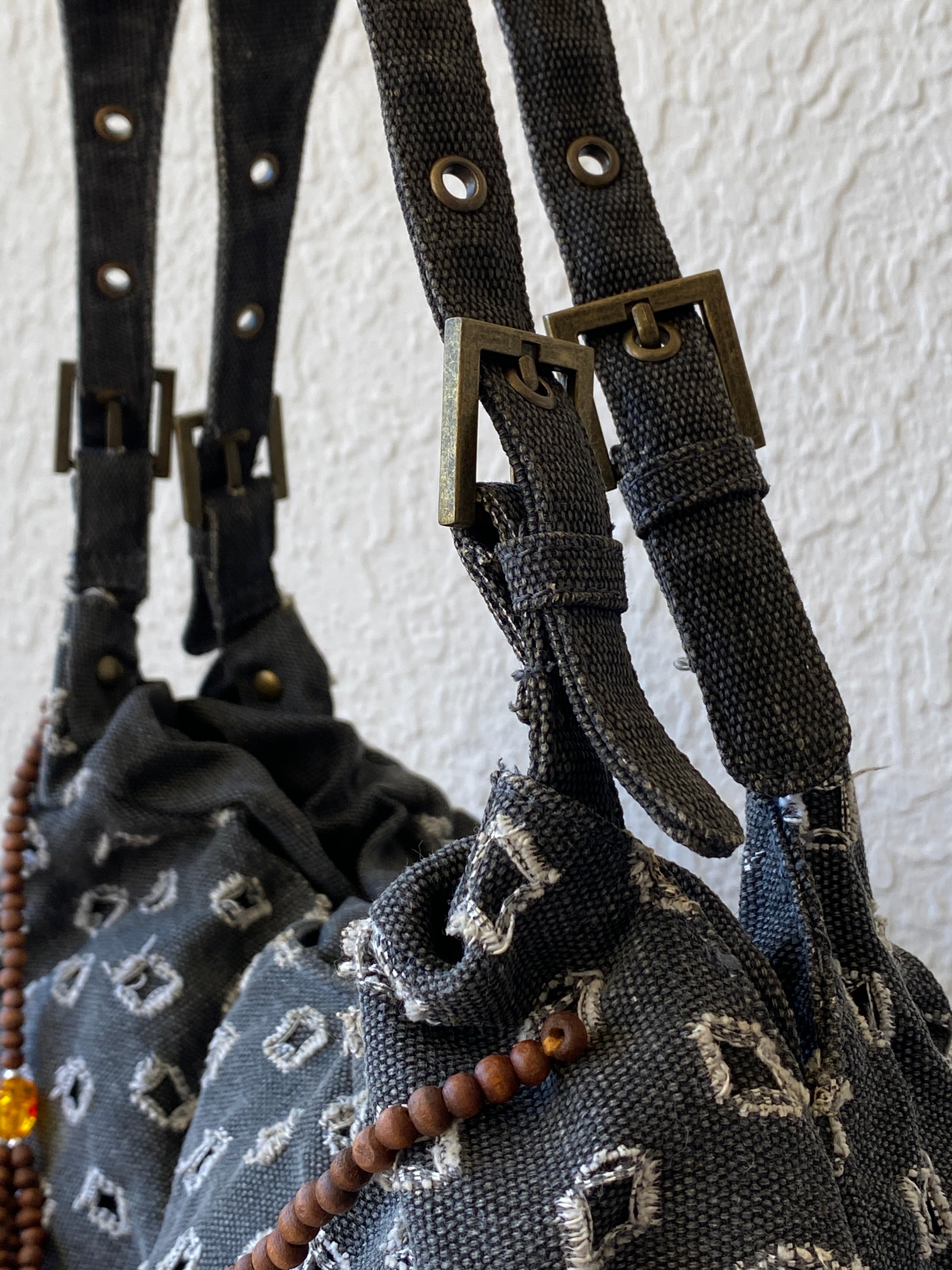 Y2K Gray Boho Hobo Denim Shoulder Bag With Side Fringes - Balagan Vintage Shoulder Bag 00s, 90s, bag, NEW IN, shoulder bag, Y2K