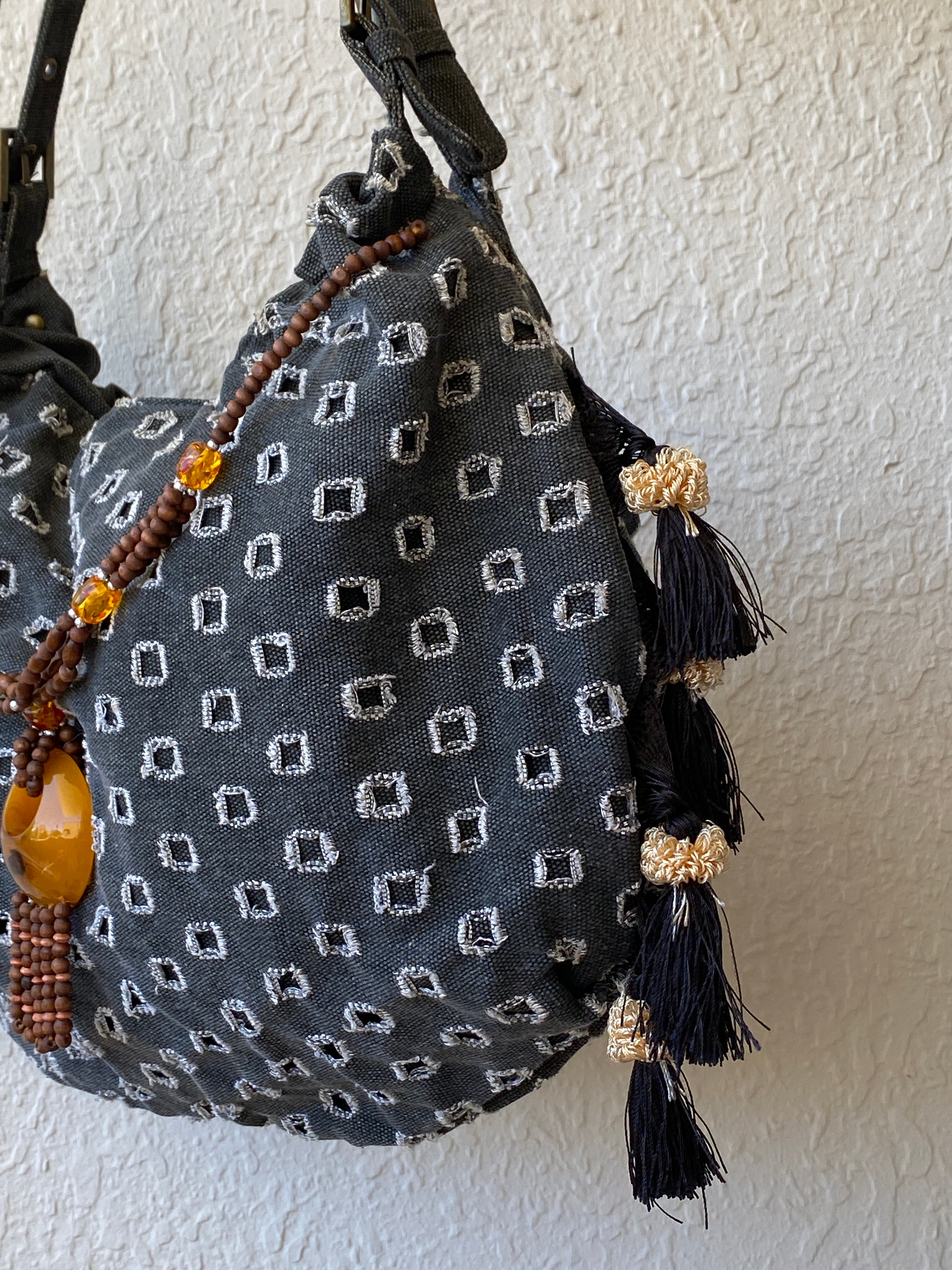 Y2K Gray Boho Hobo Denim Shoulder Bag With Side Fringes - Balagan Vintage Shoulder Bag 00s, 90s, bag, NEW IN, shoulder bag, Y2K