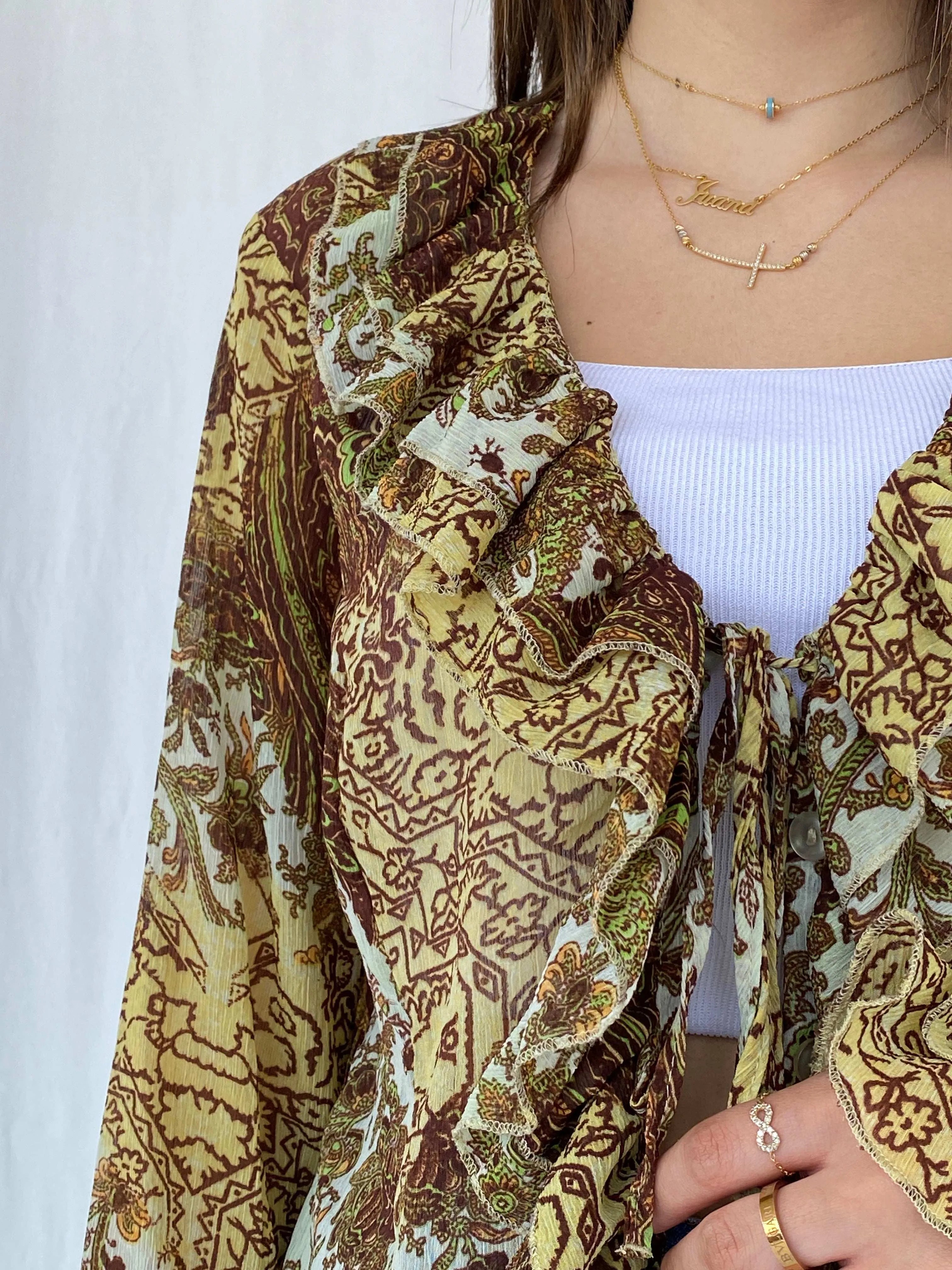 Y2K H Good Feeling Floral Sheer Ruffled Cardigan Size XL - Balagan Vintage Cardigan cardigan, floral, floral mesh, full sleeve shirt, Juana, women skirt