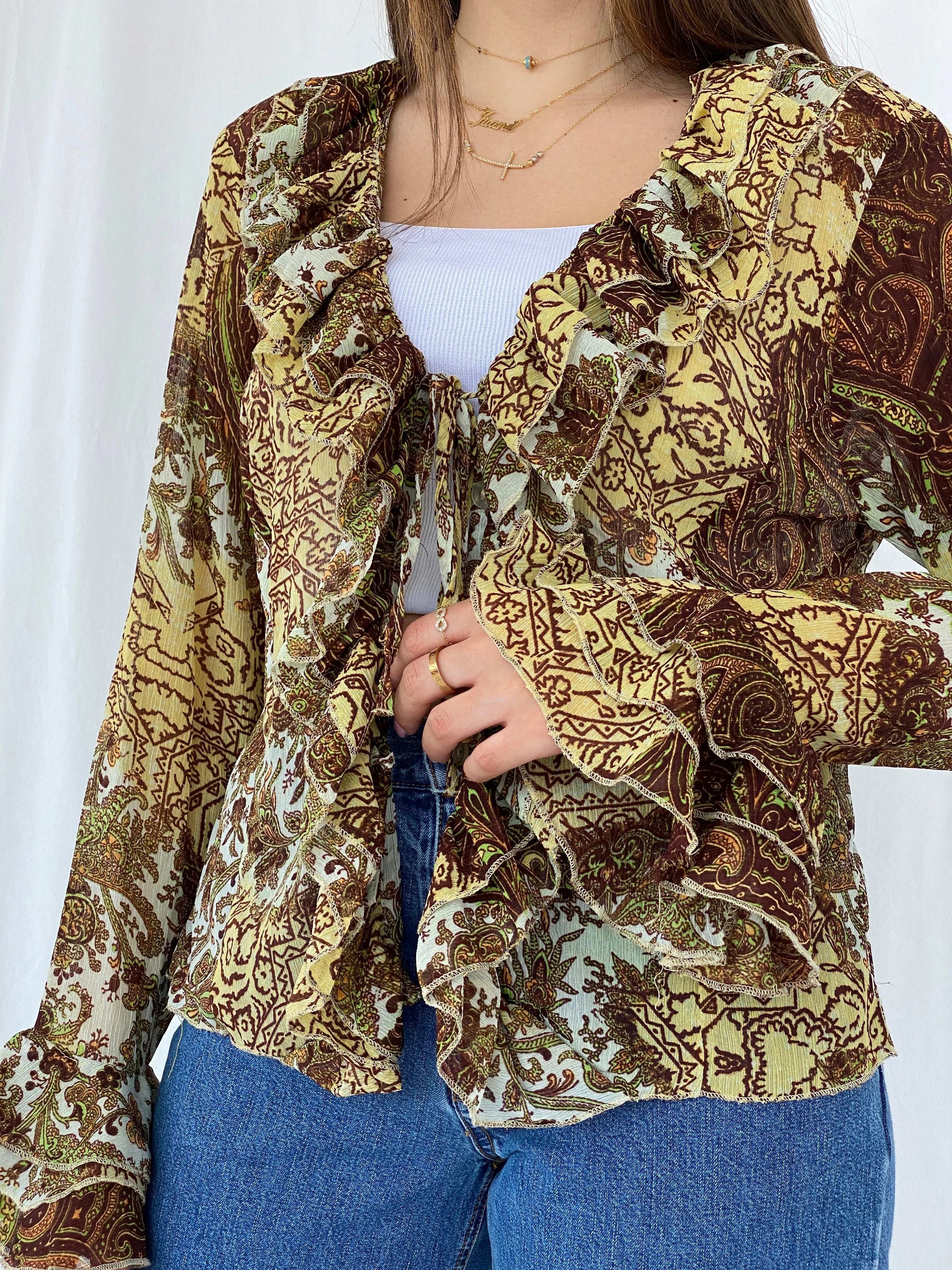 Y2K H Good Feeling Floral Sheer Ruffled Cardigan Size XL - Balagan Vintage Cardigan cardigan, floral, floral mesh, full sleeve shirt, Juana, women skirt