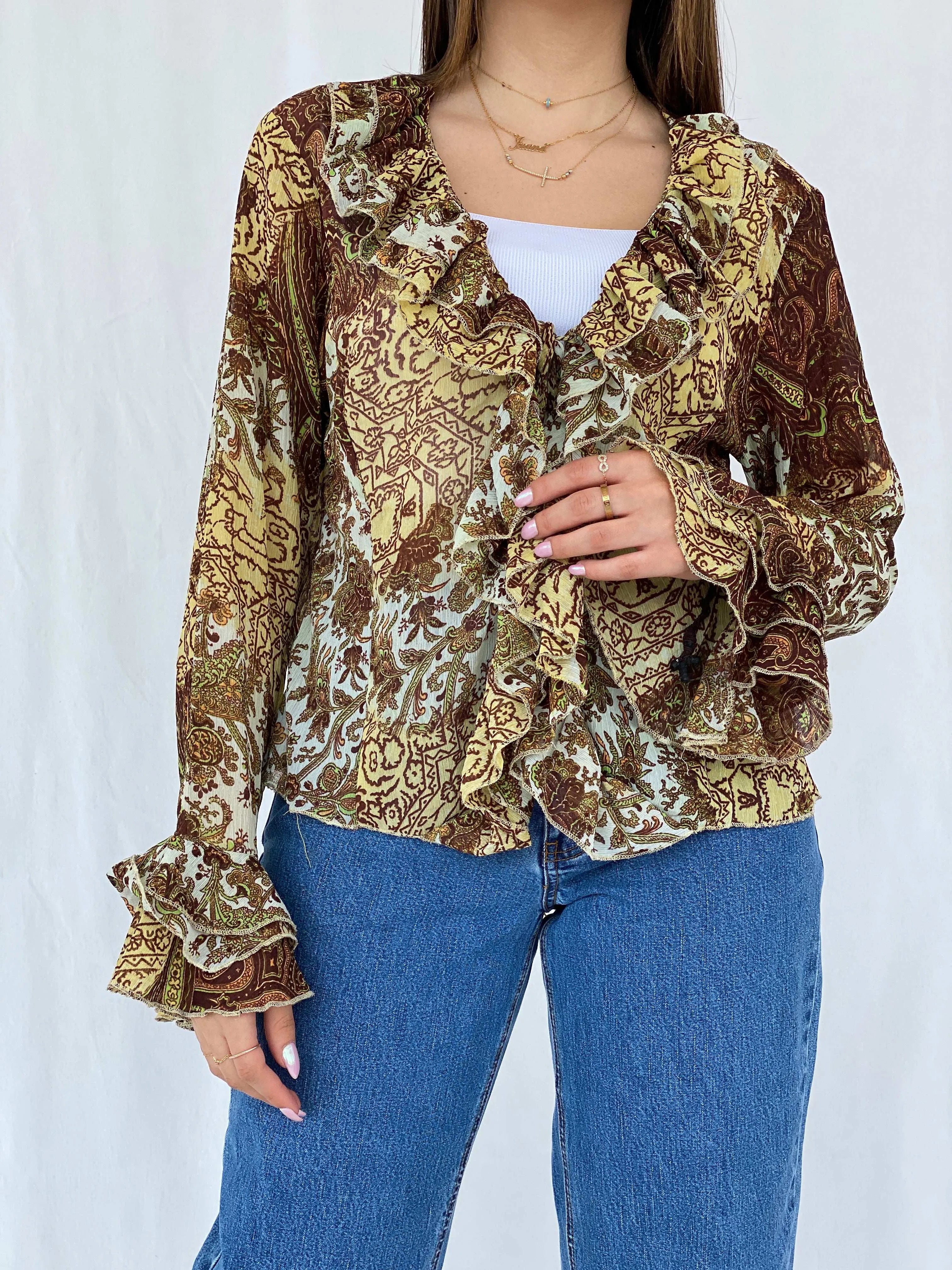 Y2K H Good Feeling Floral Sheer Ruffled Cardigan Size XL - Balagan Vintage Cardigan cardigan, floral, floral mesh, full sleeve shirt, Juana, women skirt