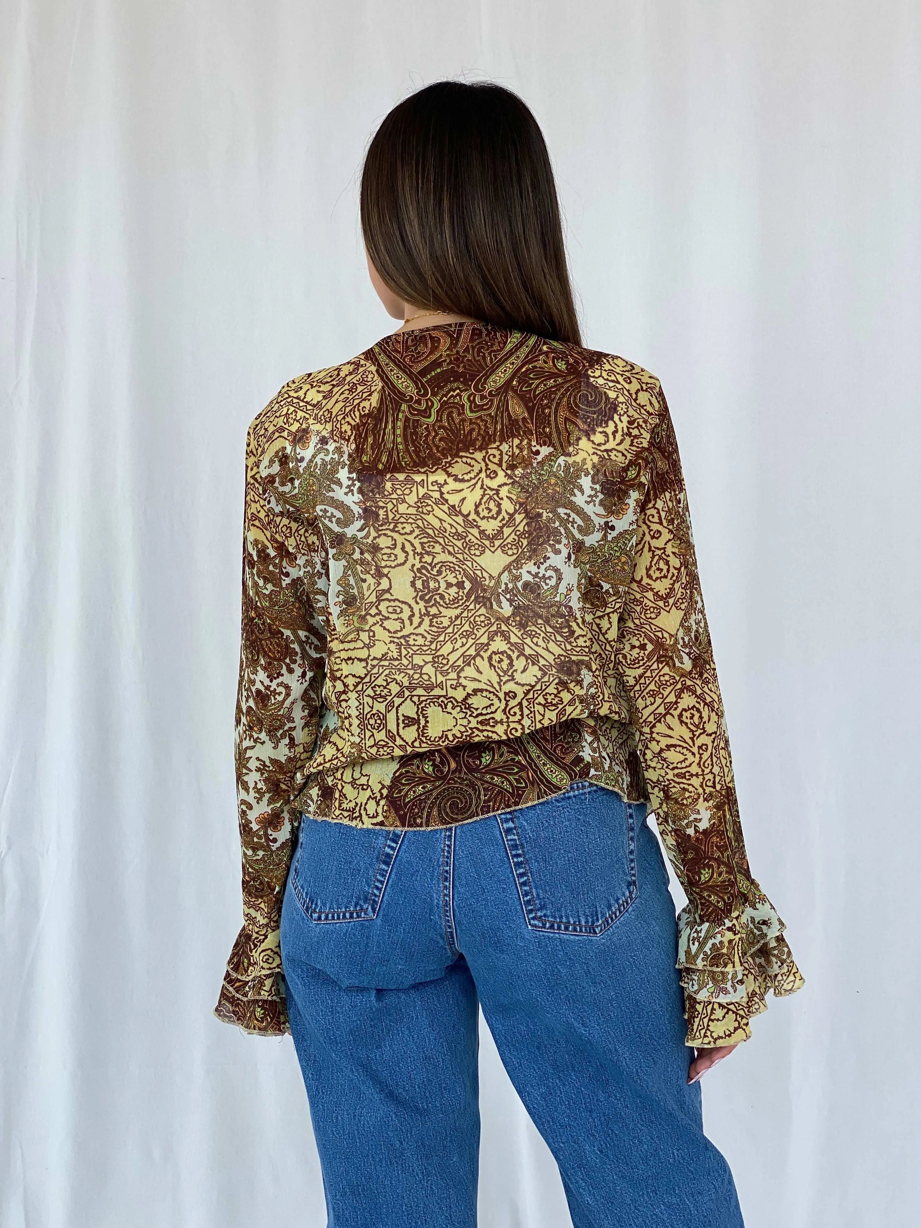 Y2K H Good Feeling Floral Sheer Ruffled Cardigan Size XL - Balagan Vintage Cardigan cardigan, floral, floral mesh, full sleeve shirt, Juana, women skirt