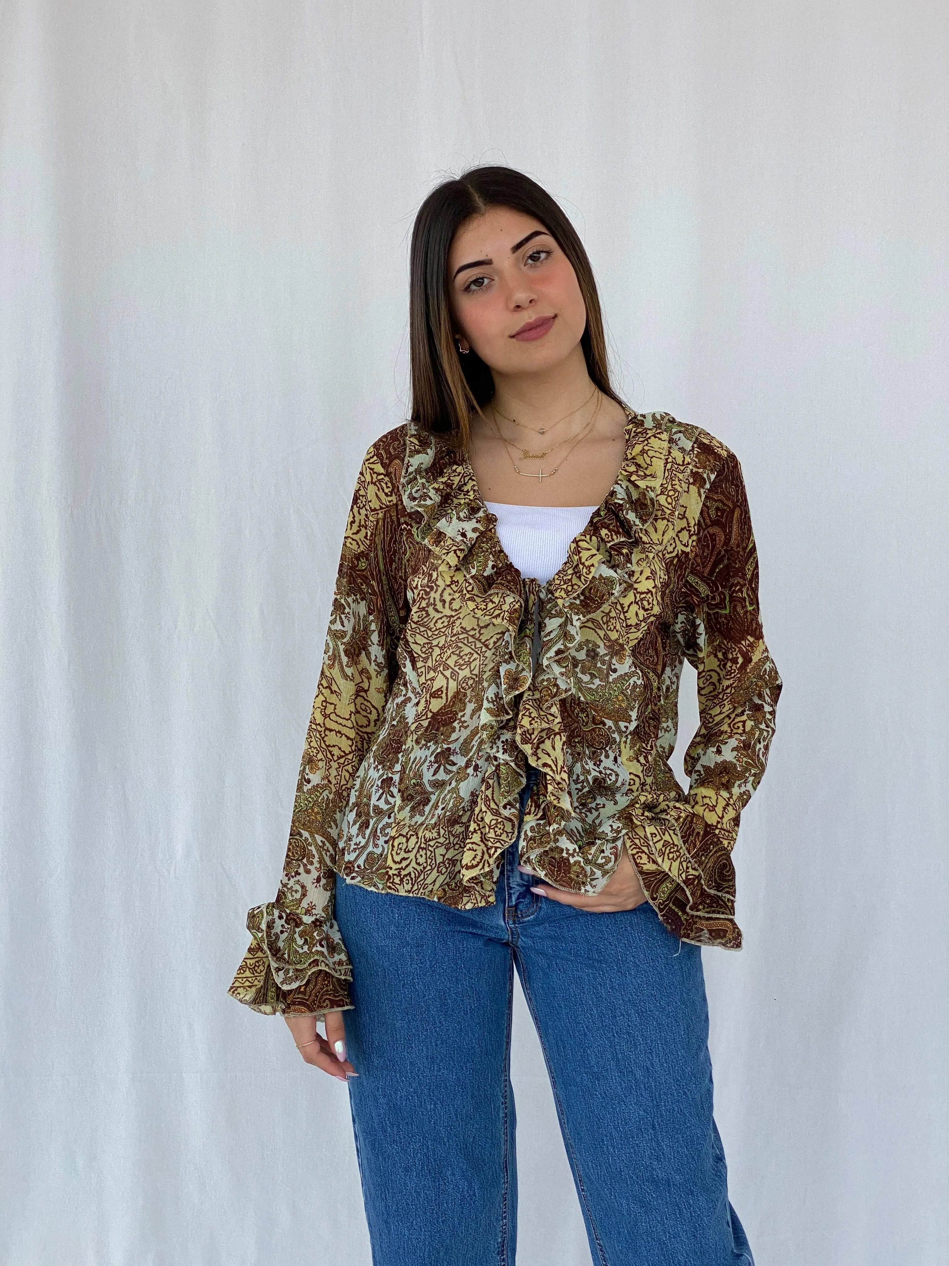 Y2K H Good Feeling Floral Sheer Ruffled Cardigan Size XL - Balagan Vintage Cardigan cardigan, floral, floral mesh, full sleeve shirt, Juana, women skirt